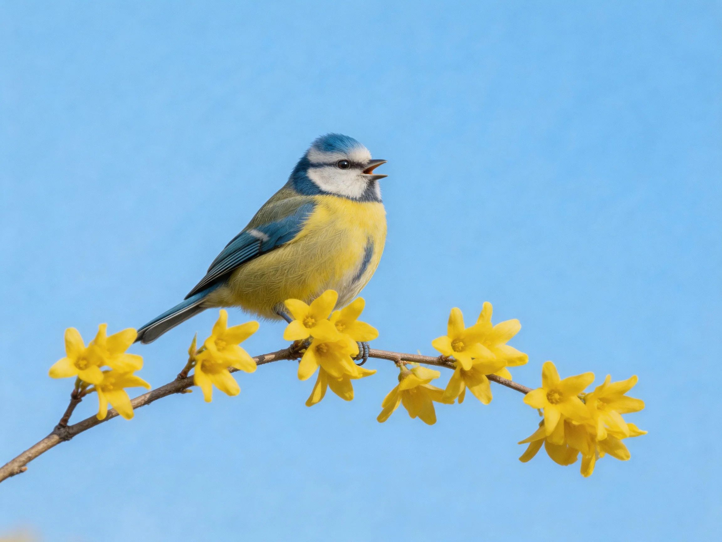 A blue tit perches on vibrant yellow flowers against a clear blue sky