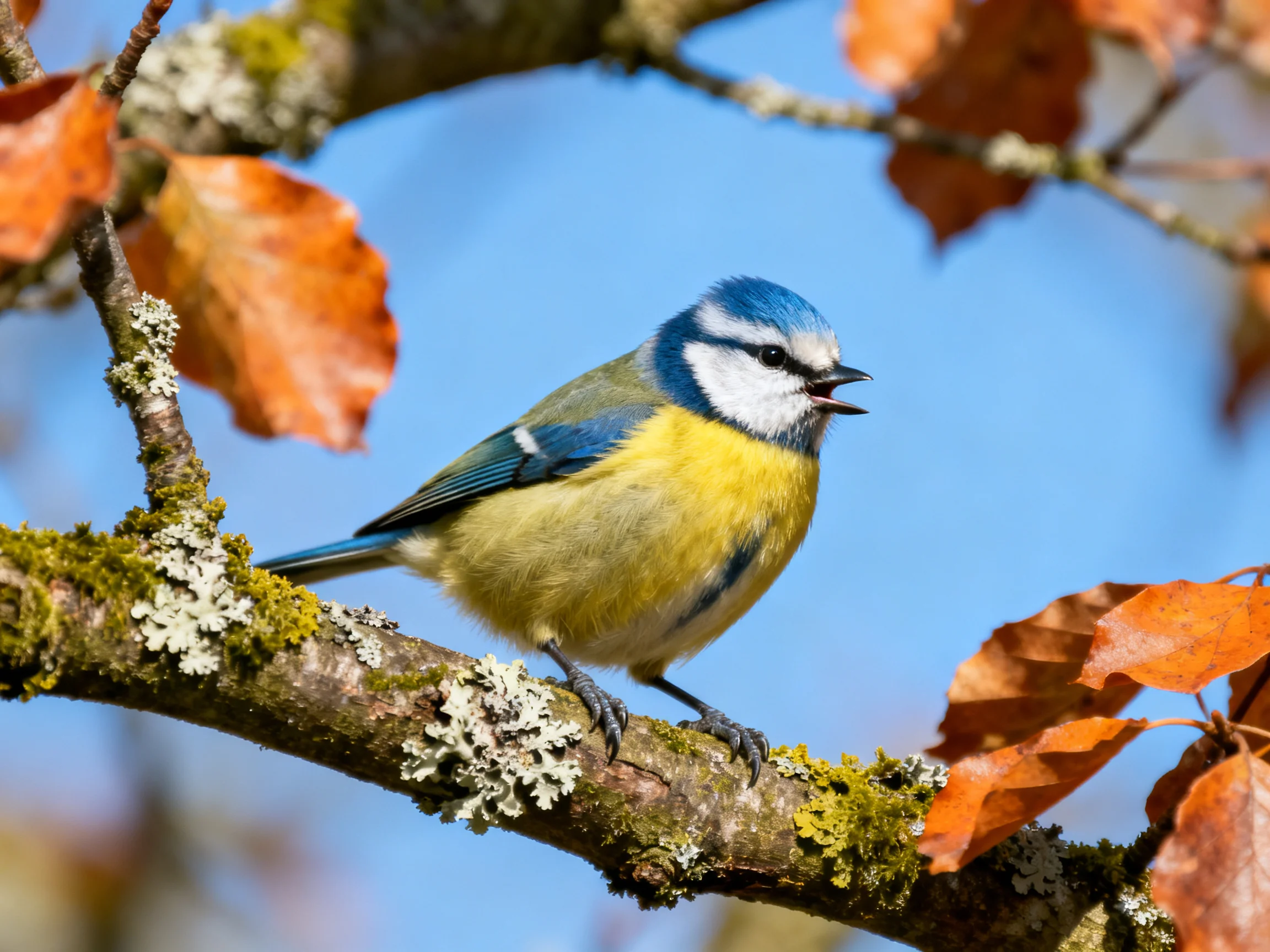 A blue tit with yellow chest on mossy branch near autumn leaves