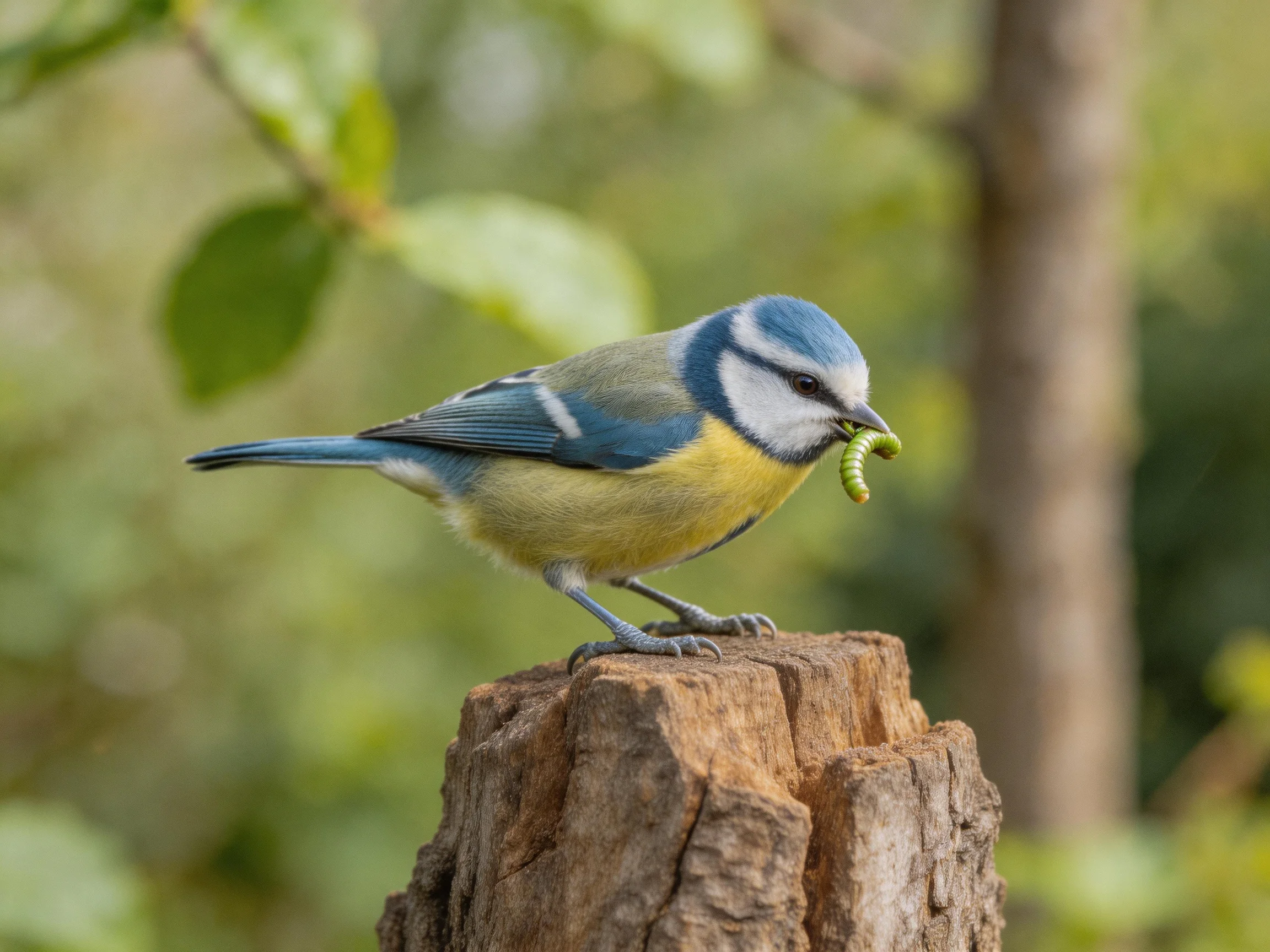 A blue tit with yellow underbelly perches on a weathered tree stump