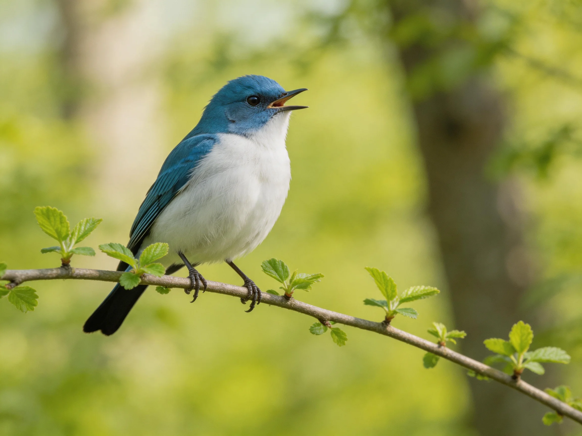 A blue - white bird perched on a leafy branch in a sunlit forest
