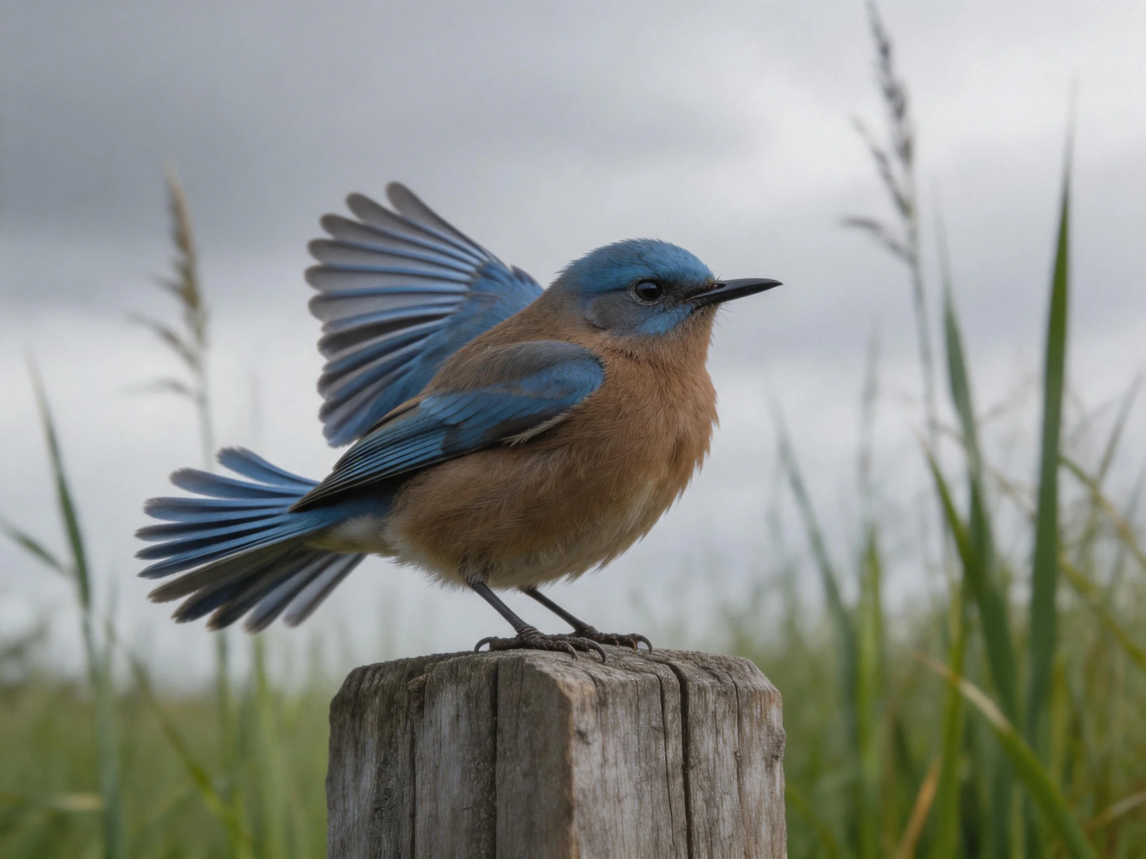 A blue-winged bird perched on a weathered wooden post