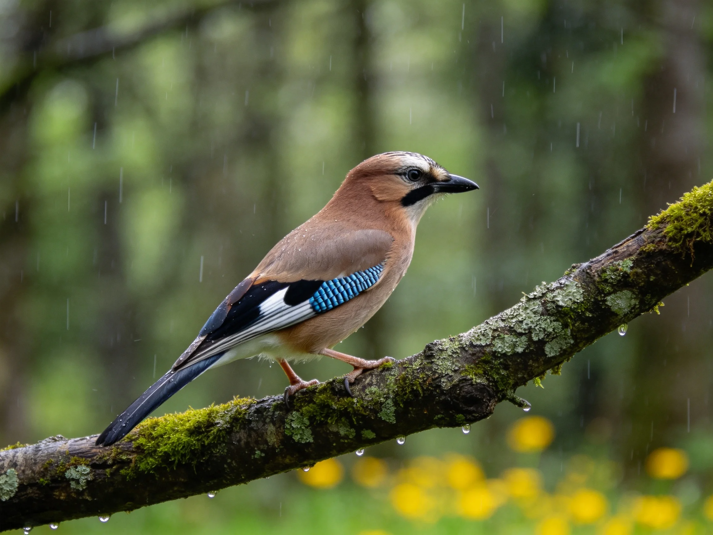 A blue-winged bird perches on a mossy branch in rainy woodland