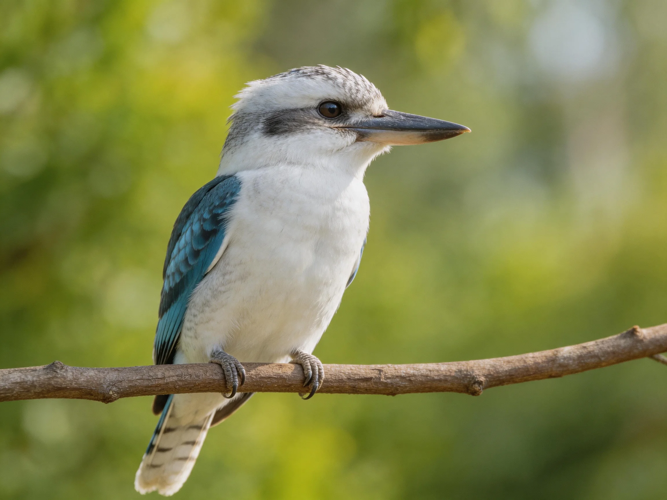 A bird with blue wings and white feathers perches on a branch.