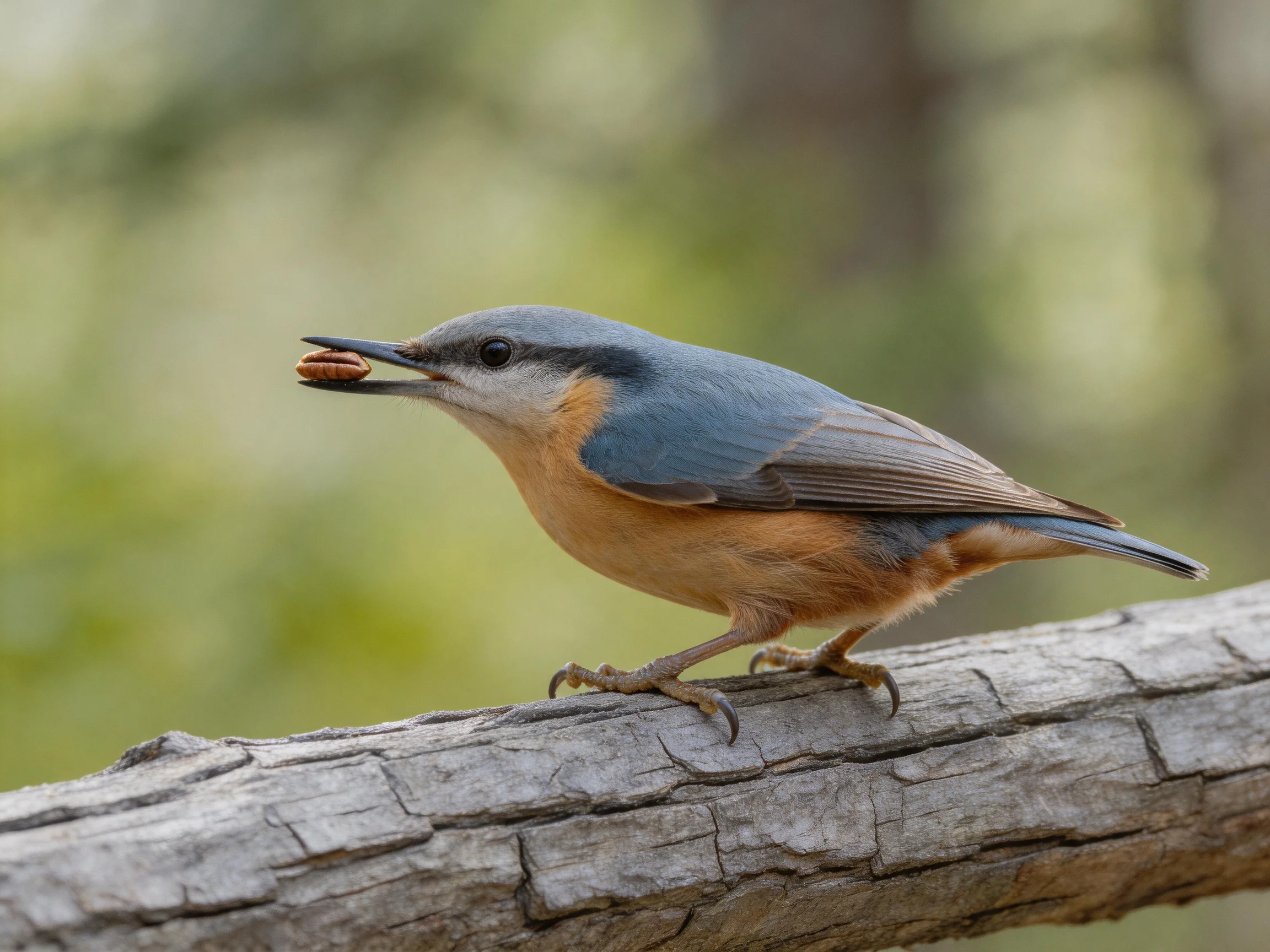 A blue-winged nuthatch holds food on a weathered branch