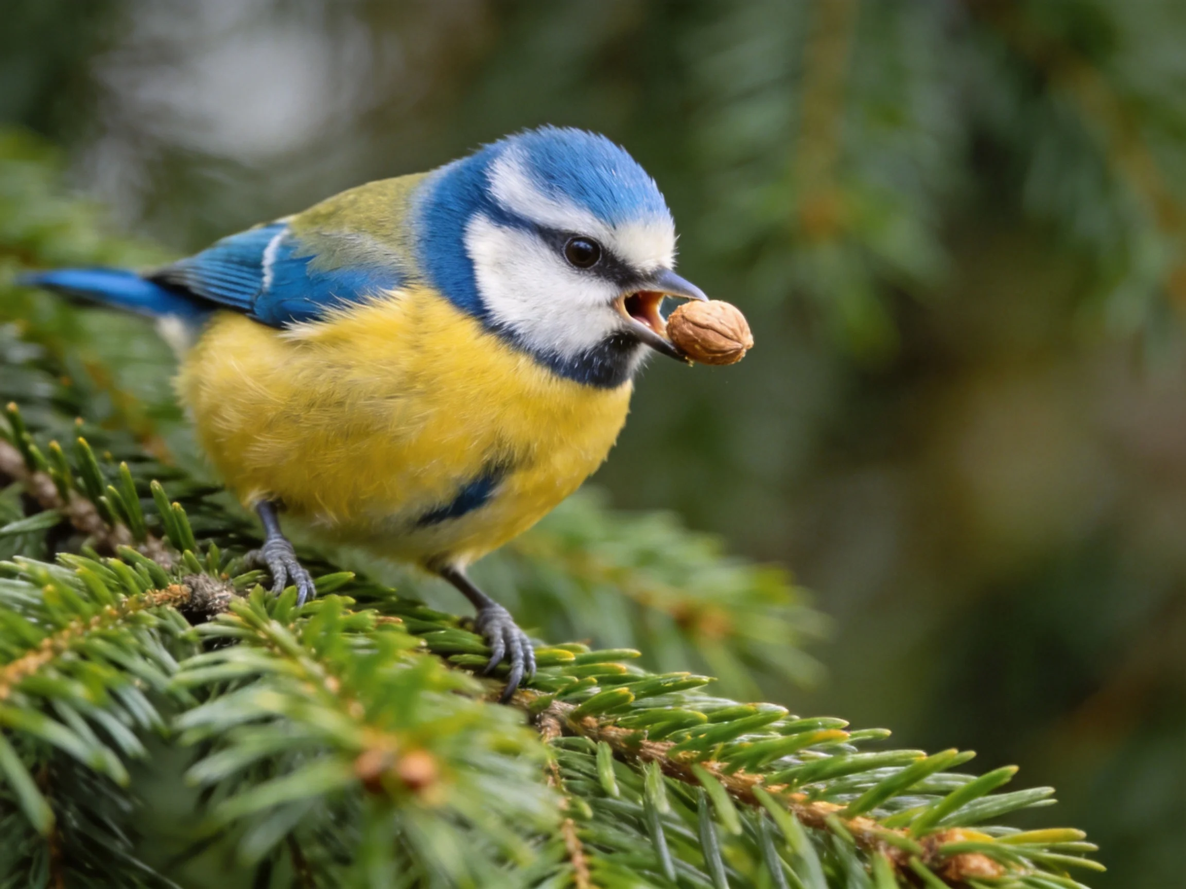 A blue - yellow bird holds a nut on green pine branches