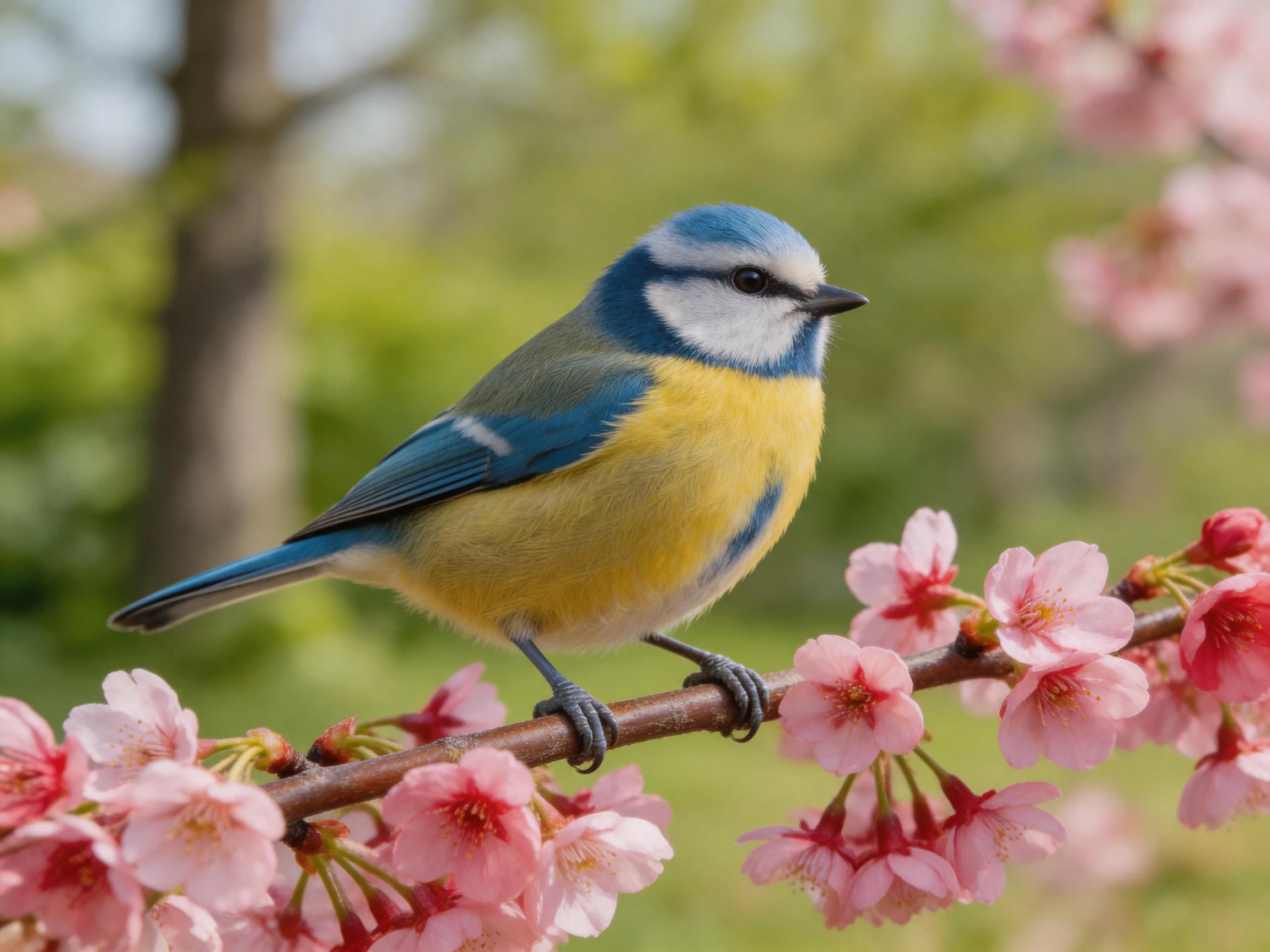 A blue - yellow bird perched on a branch with pink cherry blossoms
