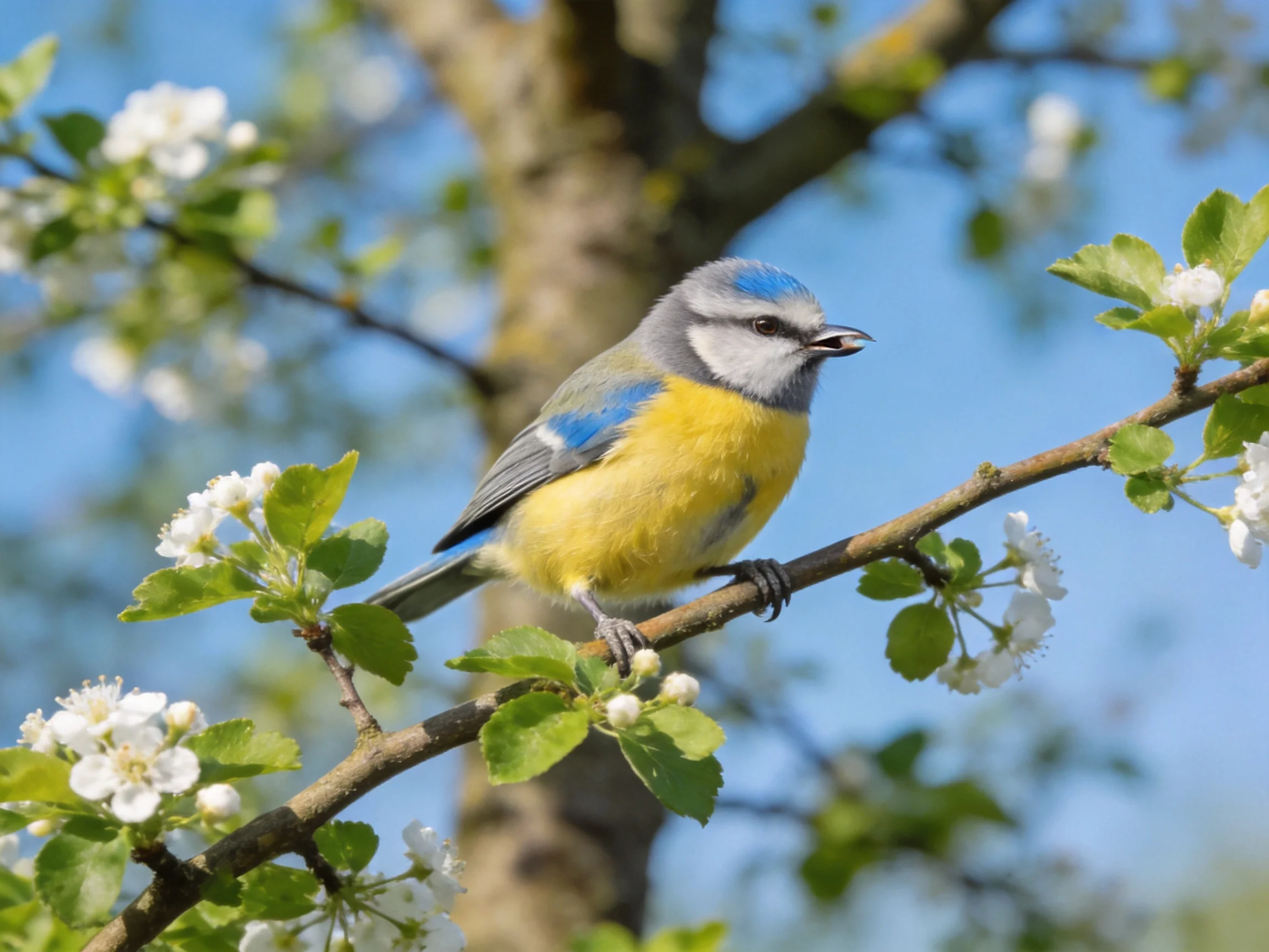 A blue - yellow bird perched on flowering tree branch with white blossoms