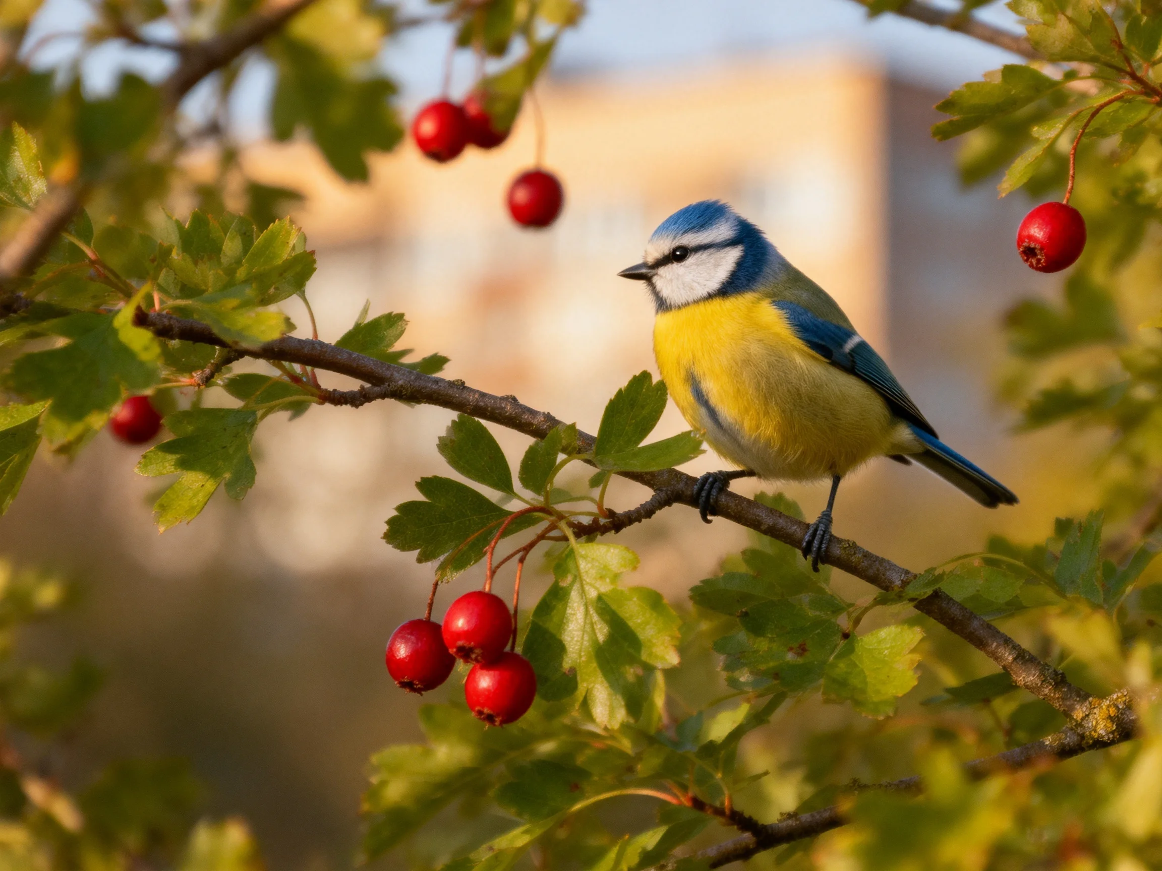 A blue - yellow bird perches on a branch with red berries