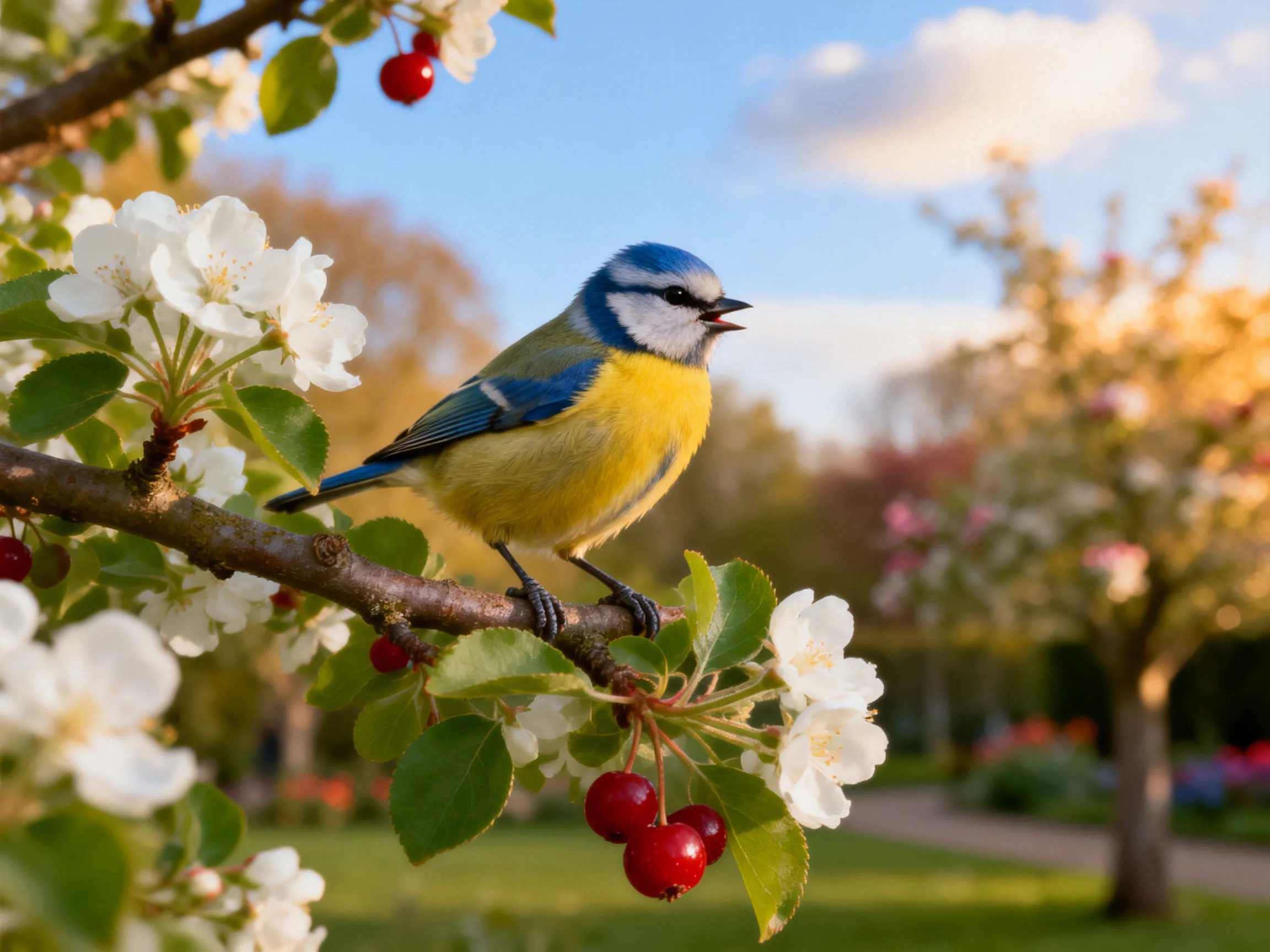 A blue - yellow bird perches on a flowering branch with red berries