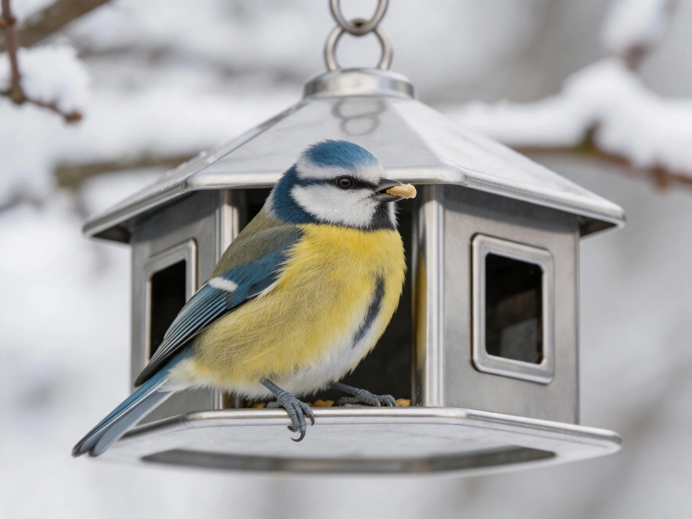 A blue - yellow bird perches on a metallic bird feeder