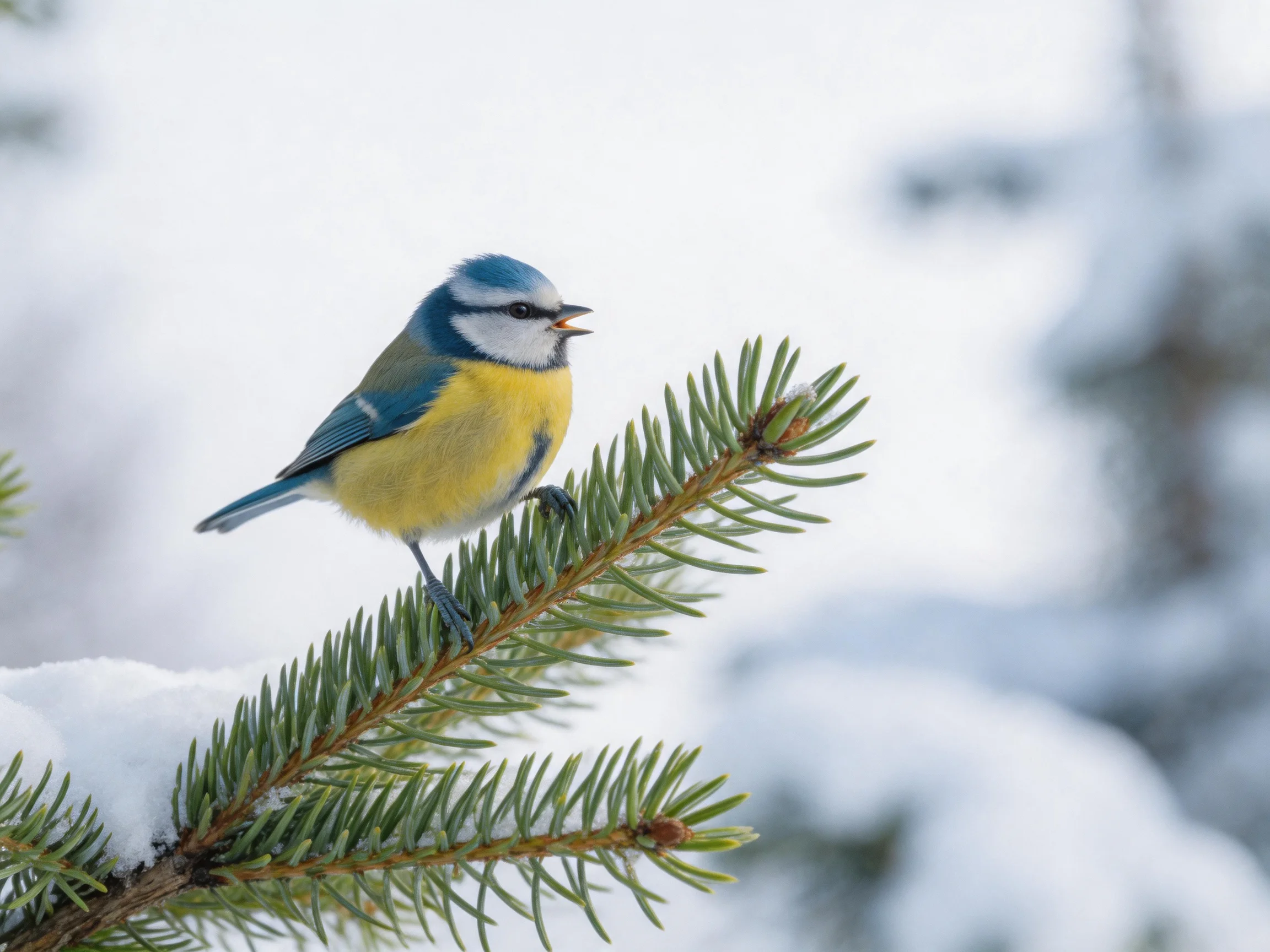 A blue - yellow bird perches on a snow - dusted pine branch