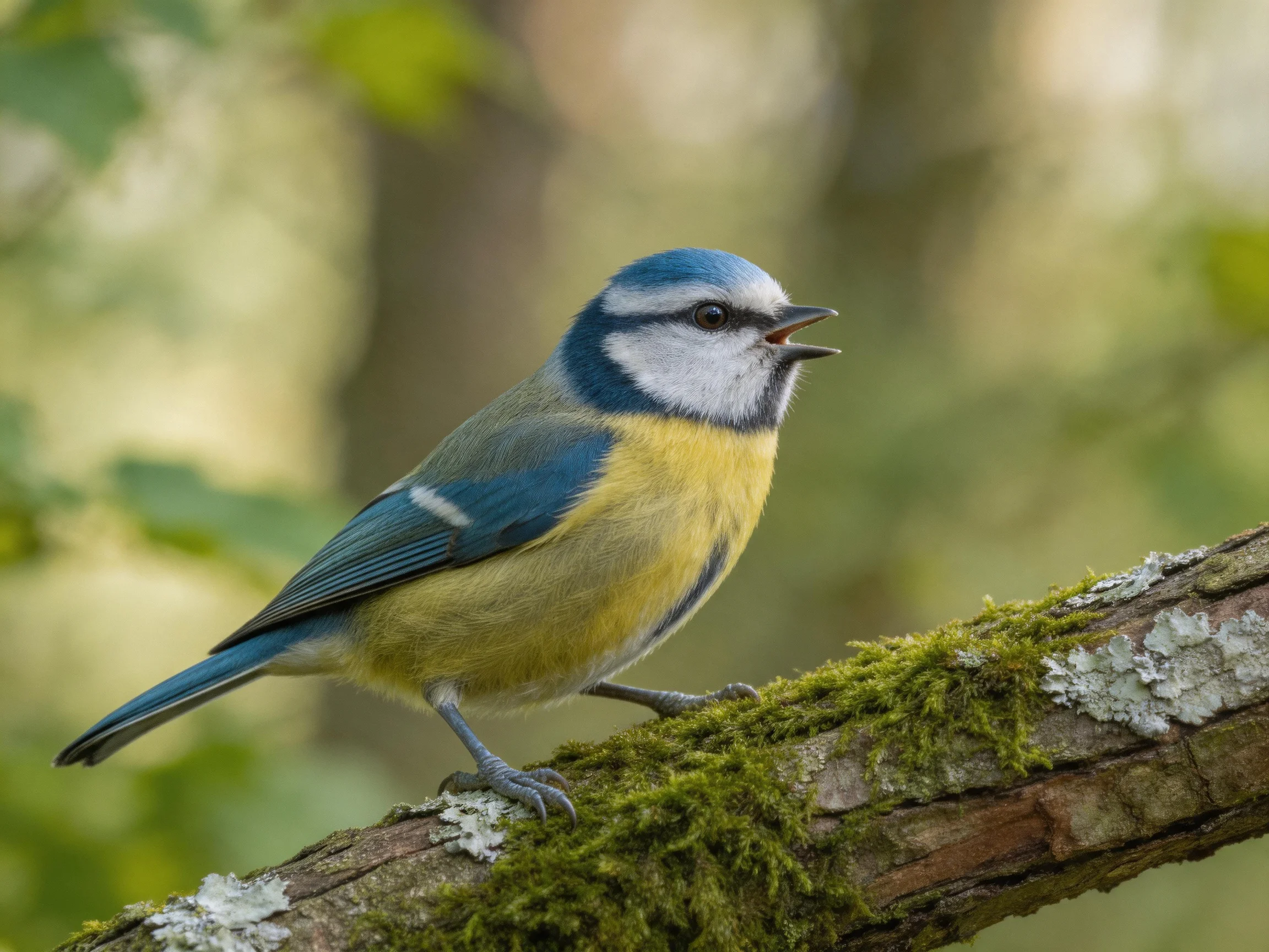 A blueand yellow bird perches on a mossy tree branch