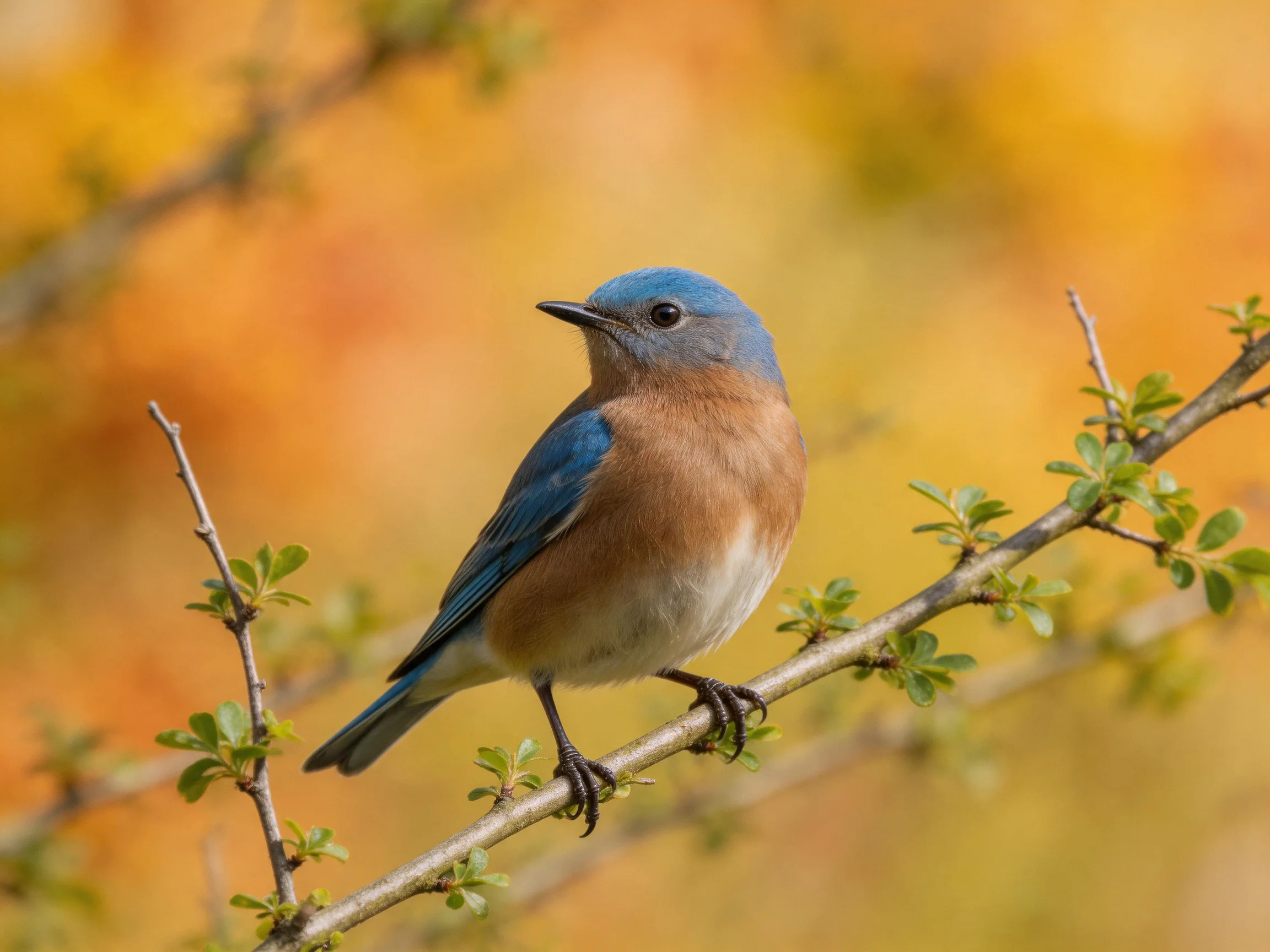 A bluebird perched on a branch with small green buds