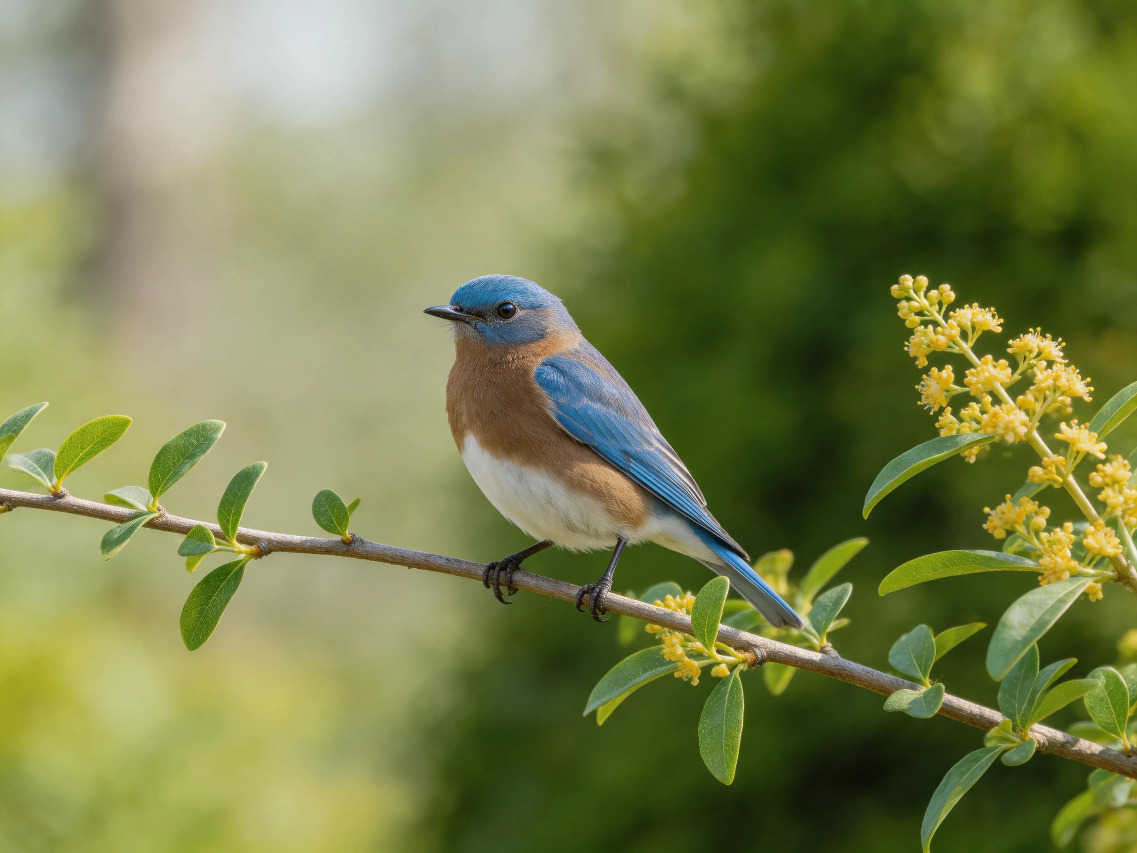 A bluebird perched on a flowering branch with green foliage