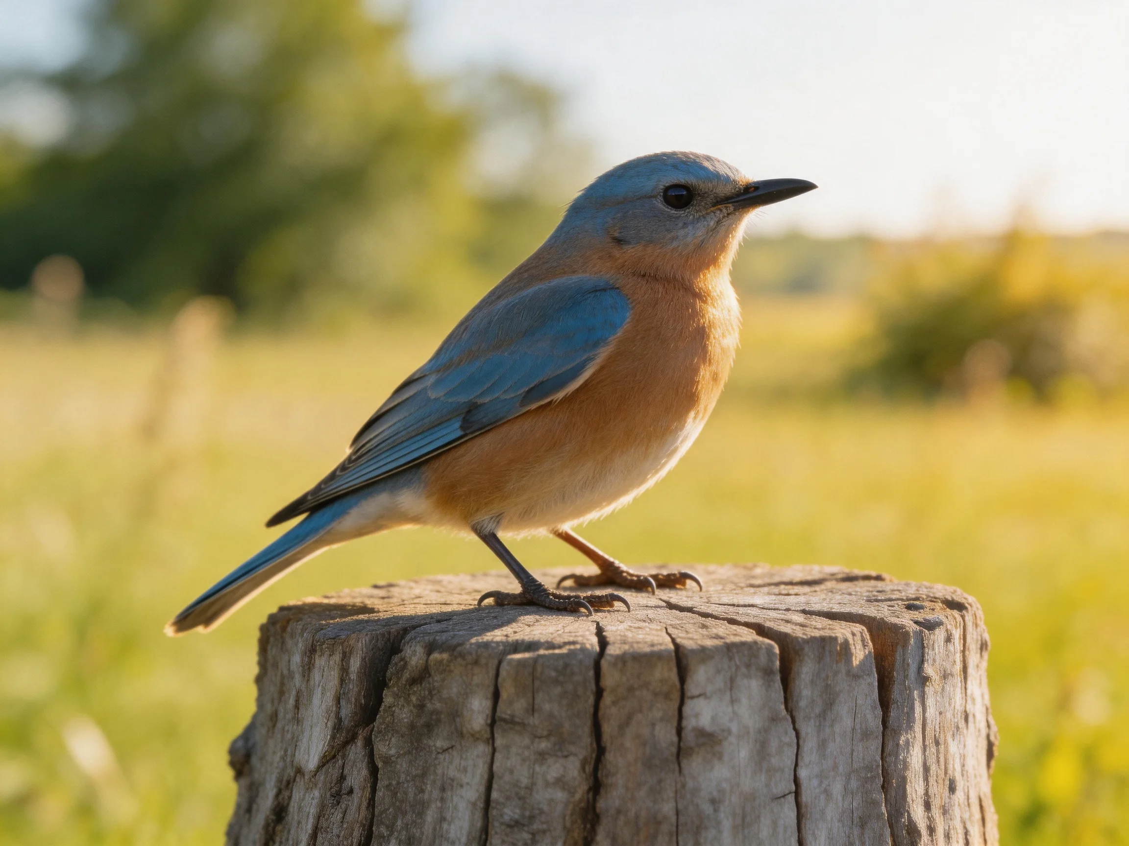 A bluebird perched on a weathered wooden post in a sunlit field