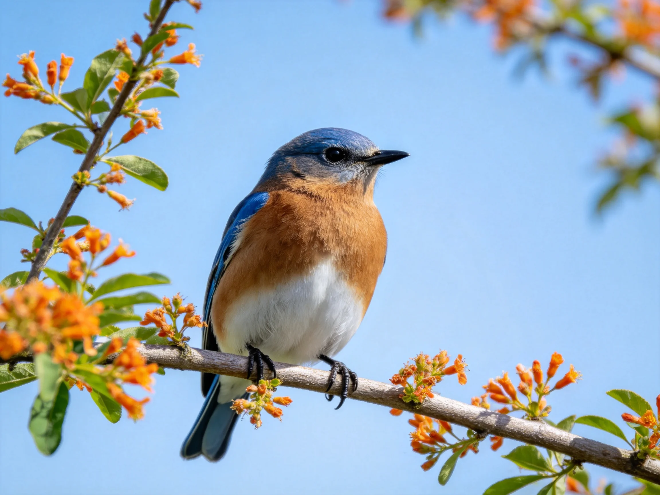 A bluebird perched on an orange-flowered branch under bright blue sky