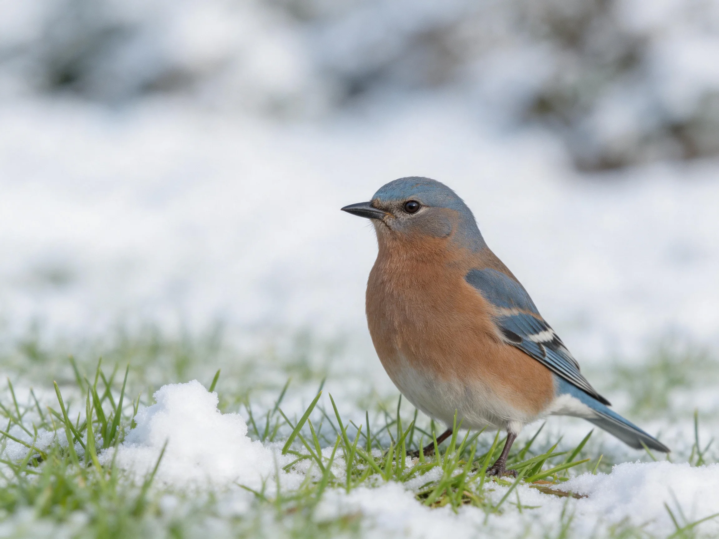 A bluebird perched on snow-dusted grass with green blades