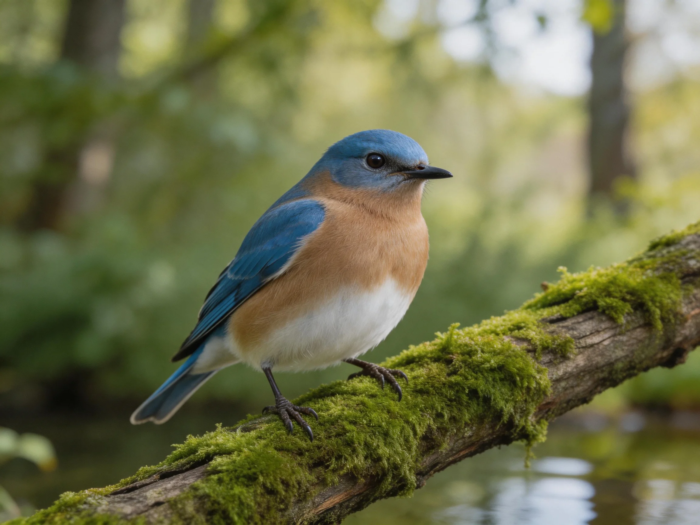 A bluebird perches on a moss-covered branch near water
