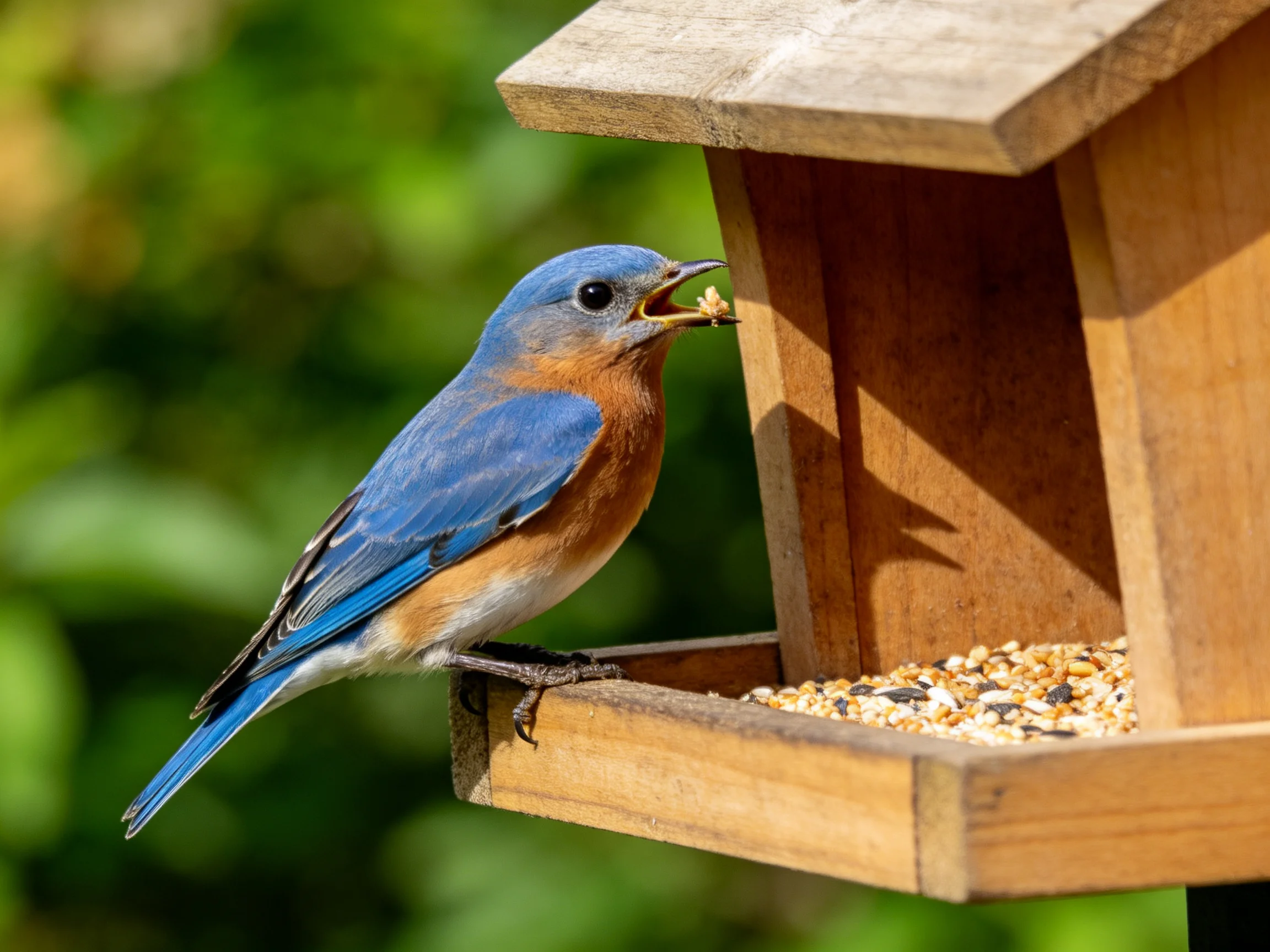 A bluebird with vibrant blue feathers feeding from a wooden bird feeder