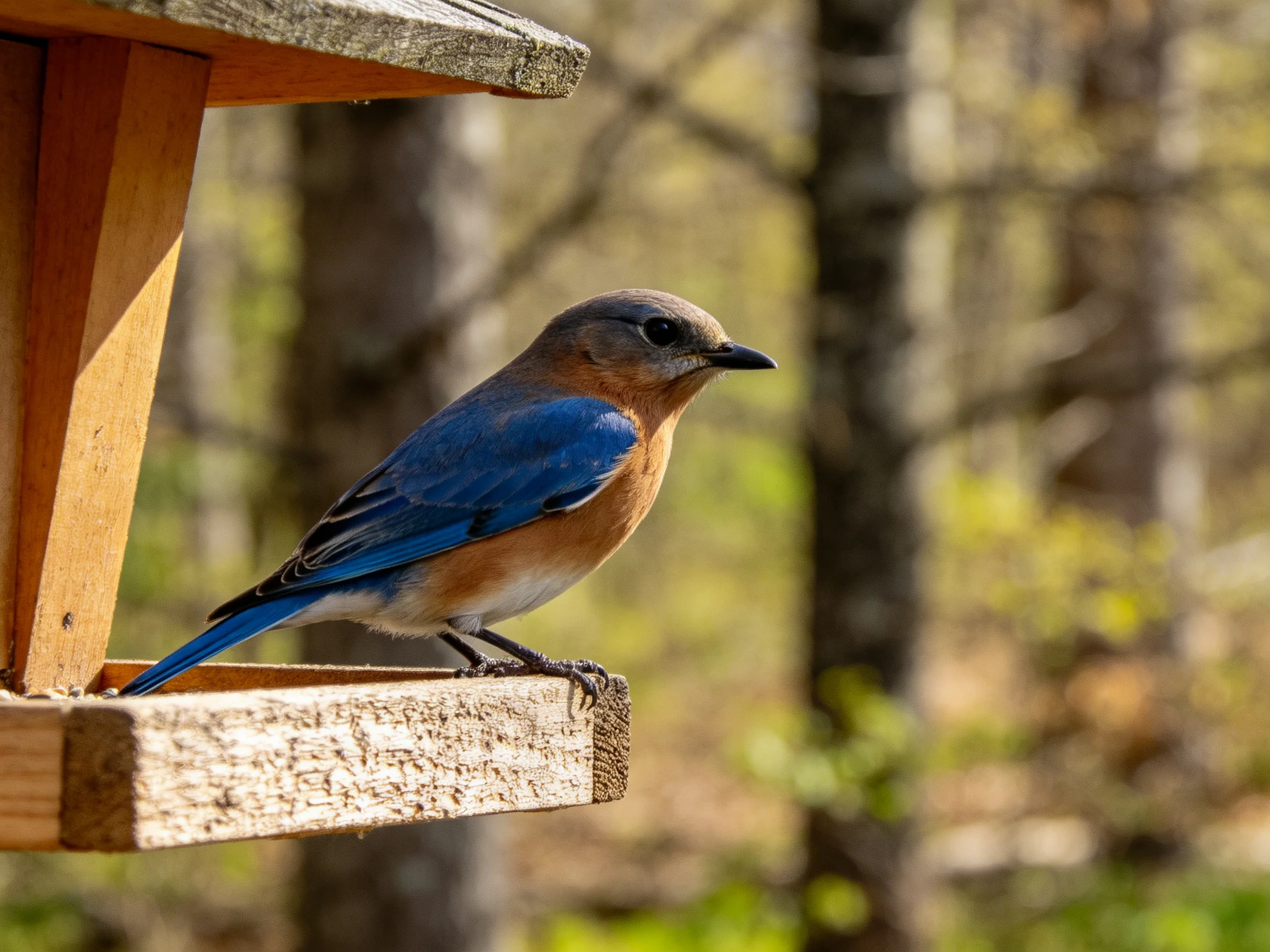 A bluebird rests on a wooden feeder in a sunlit, wooded setting.