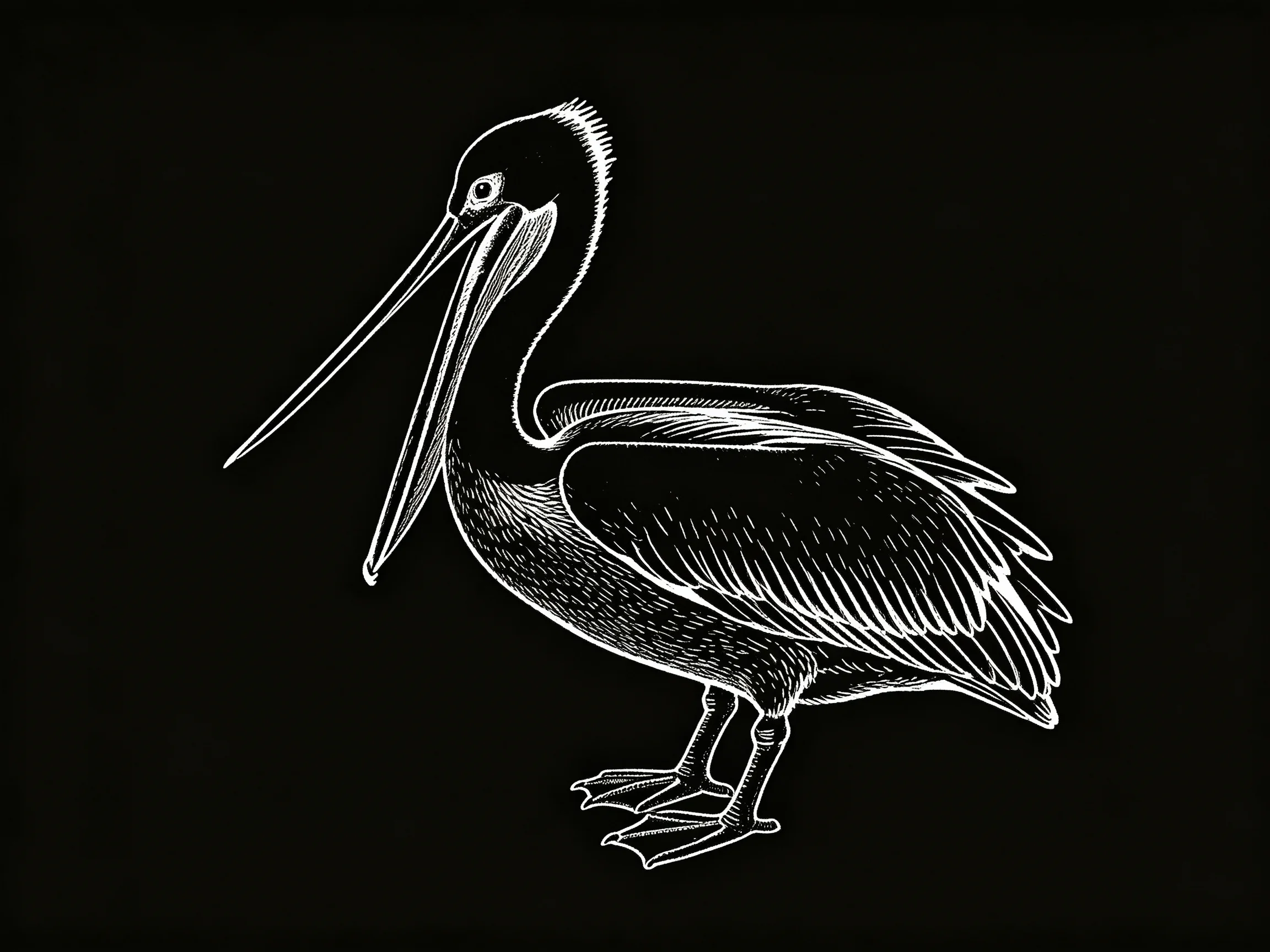 A bold black-and-white illustration of a pelican with extended beak