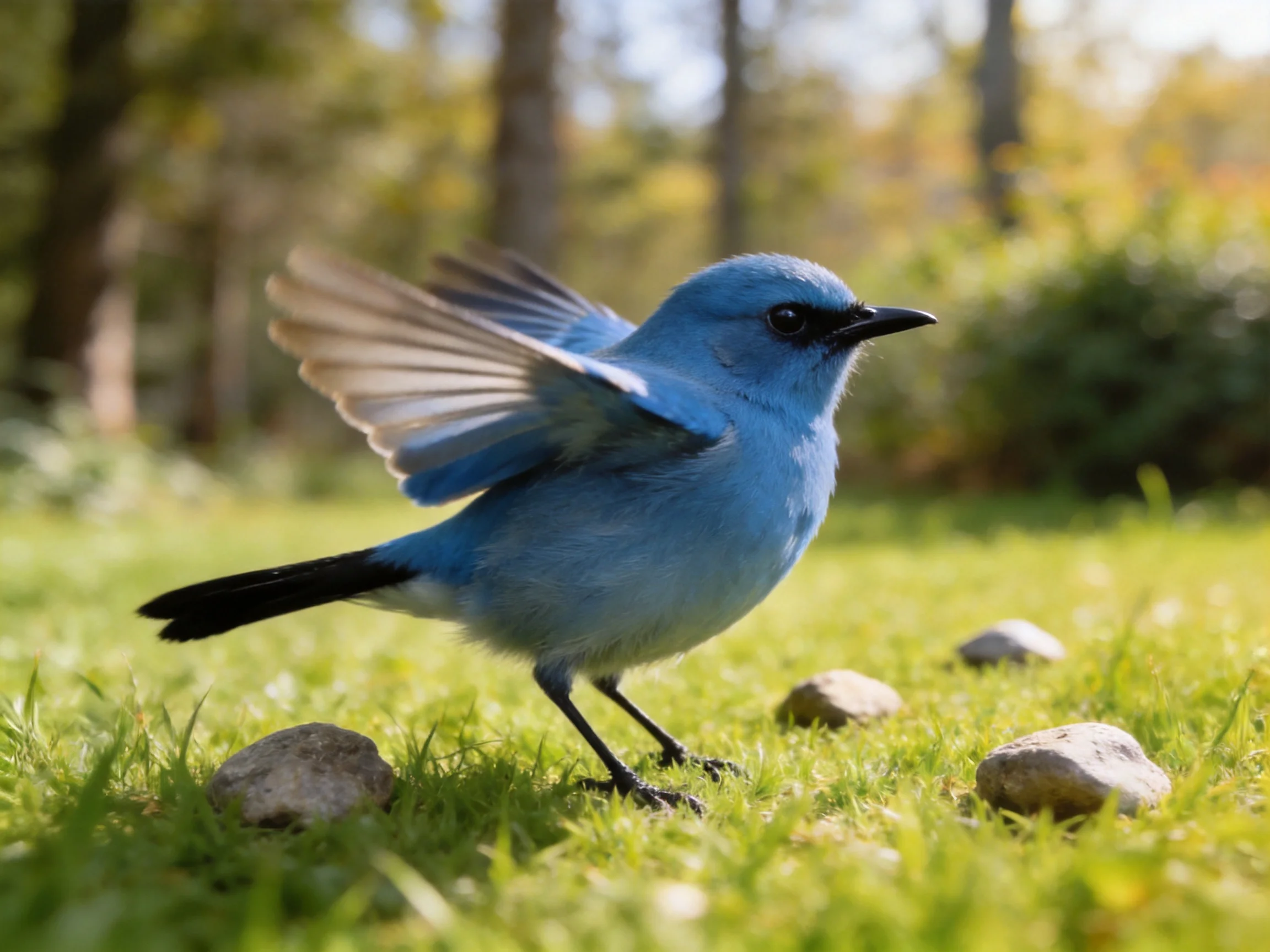 A bright blue bird flapping wings on a grassy area with rocks