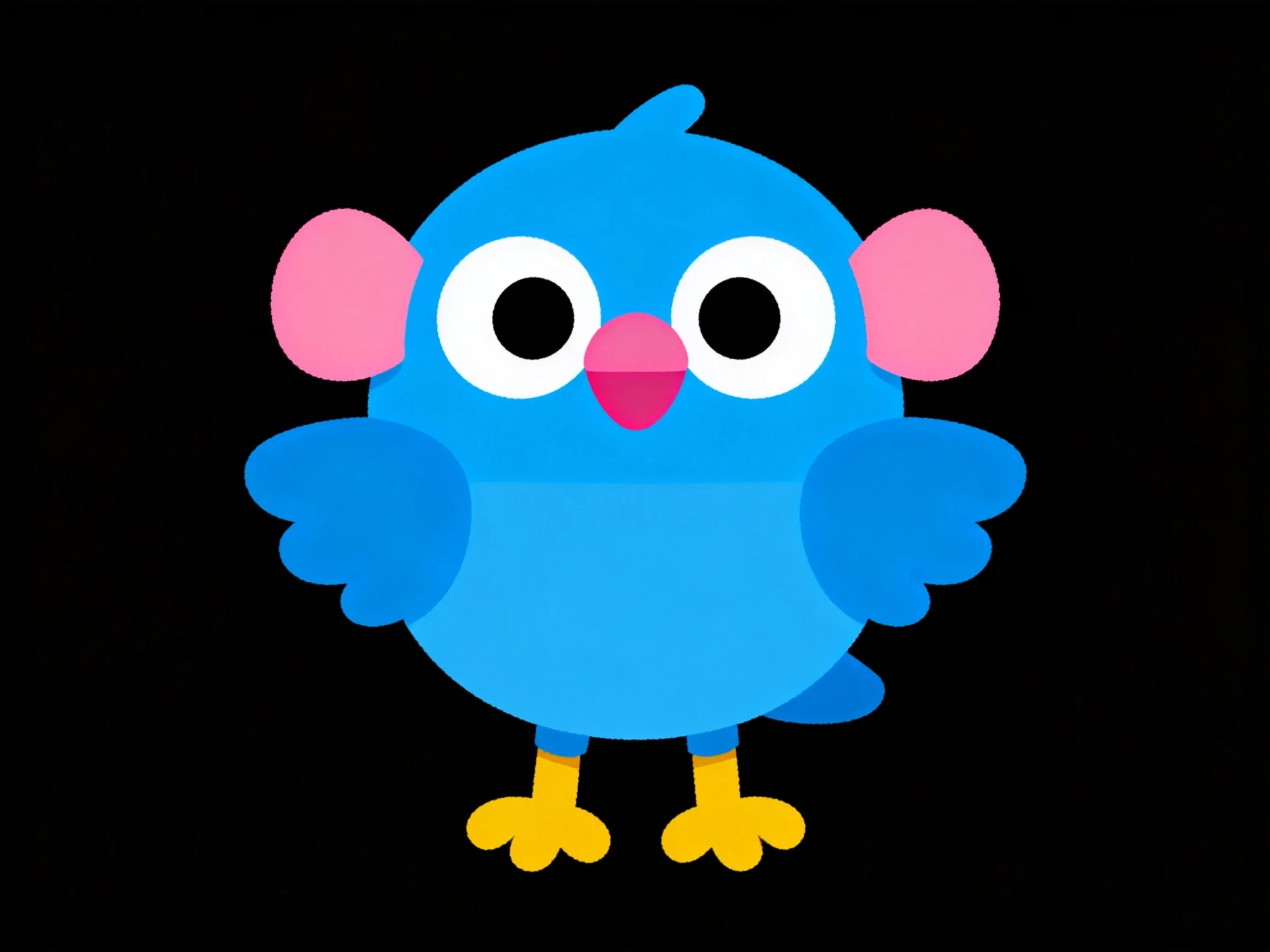 A bright blue cartoon bird with pink ears, white eyes, pink beak, yellow feet