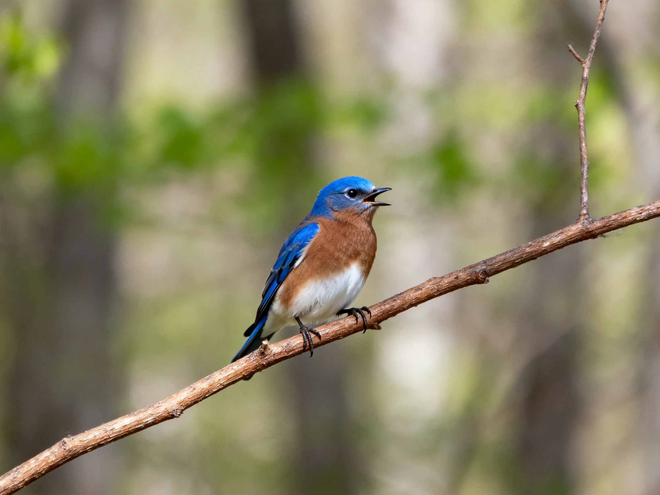 A bright bluebird perches on a slender brown branch