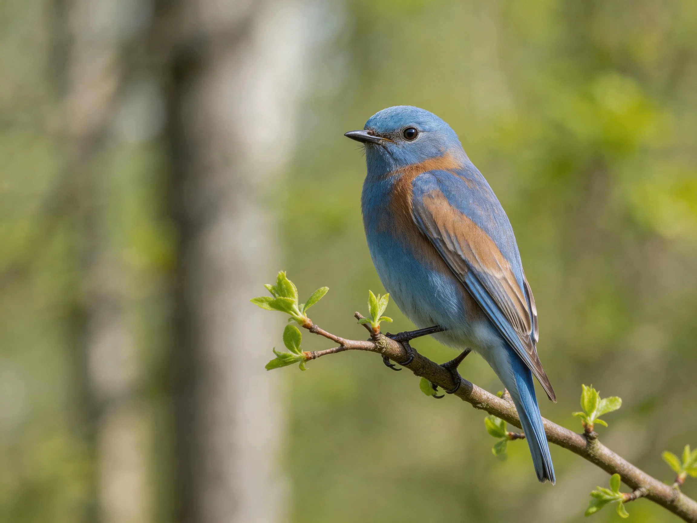 A bright bluebird with brown markings perches on a leafy branch