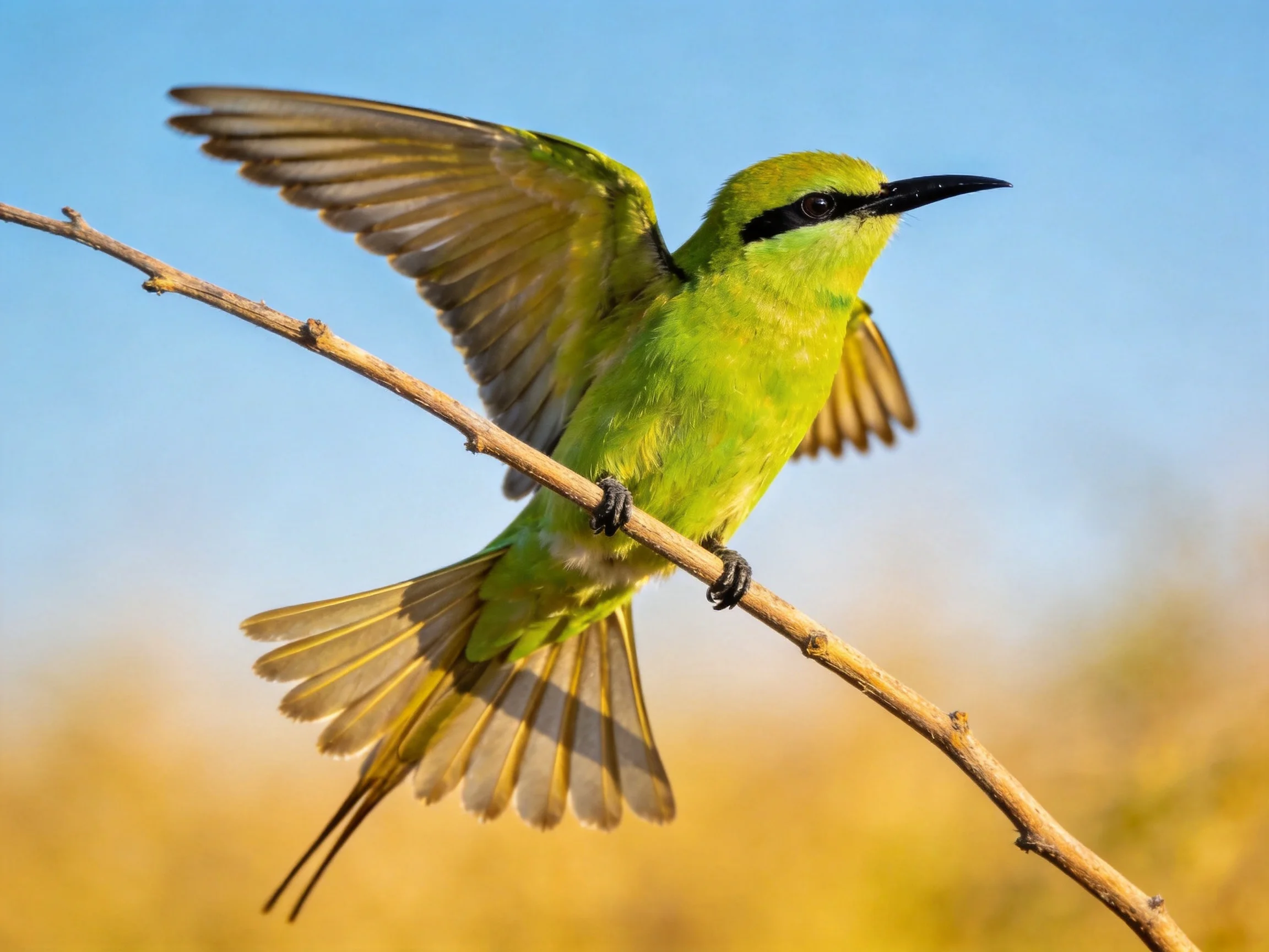 A bright green bird perched on a thin branch