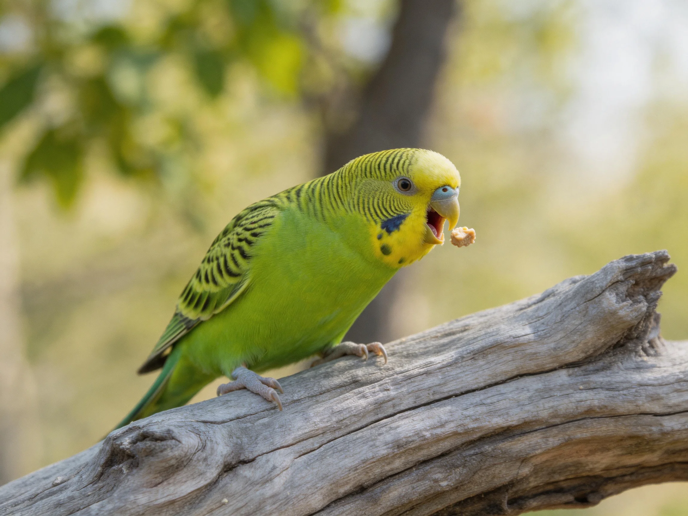 A bright green budgie perched on a gnarled wooden branch eating