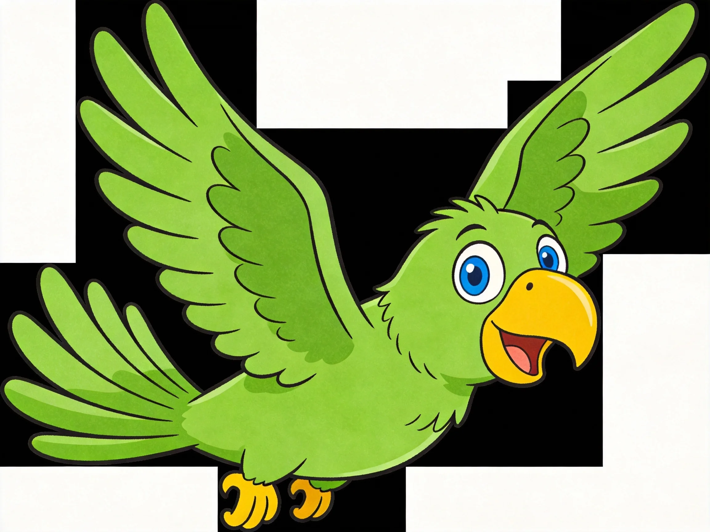 A bright green cartoon parrot with outstretched wings and blue eyes