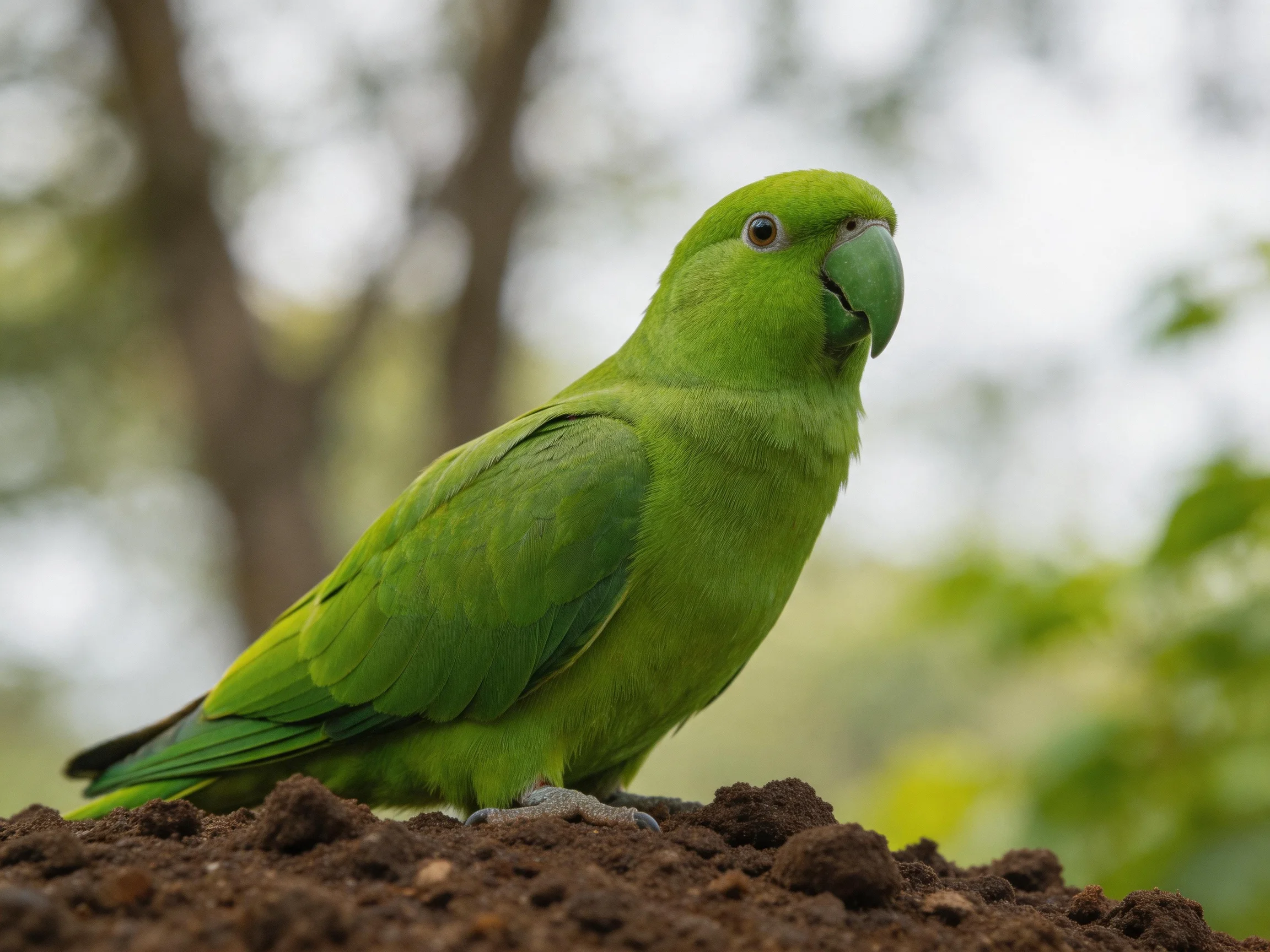 A bright green parrot perched on dark soil with blurred trees