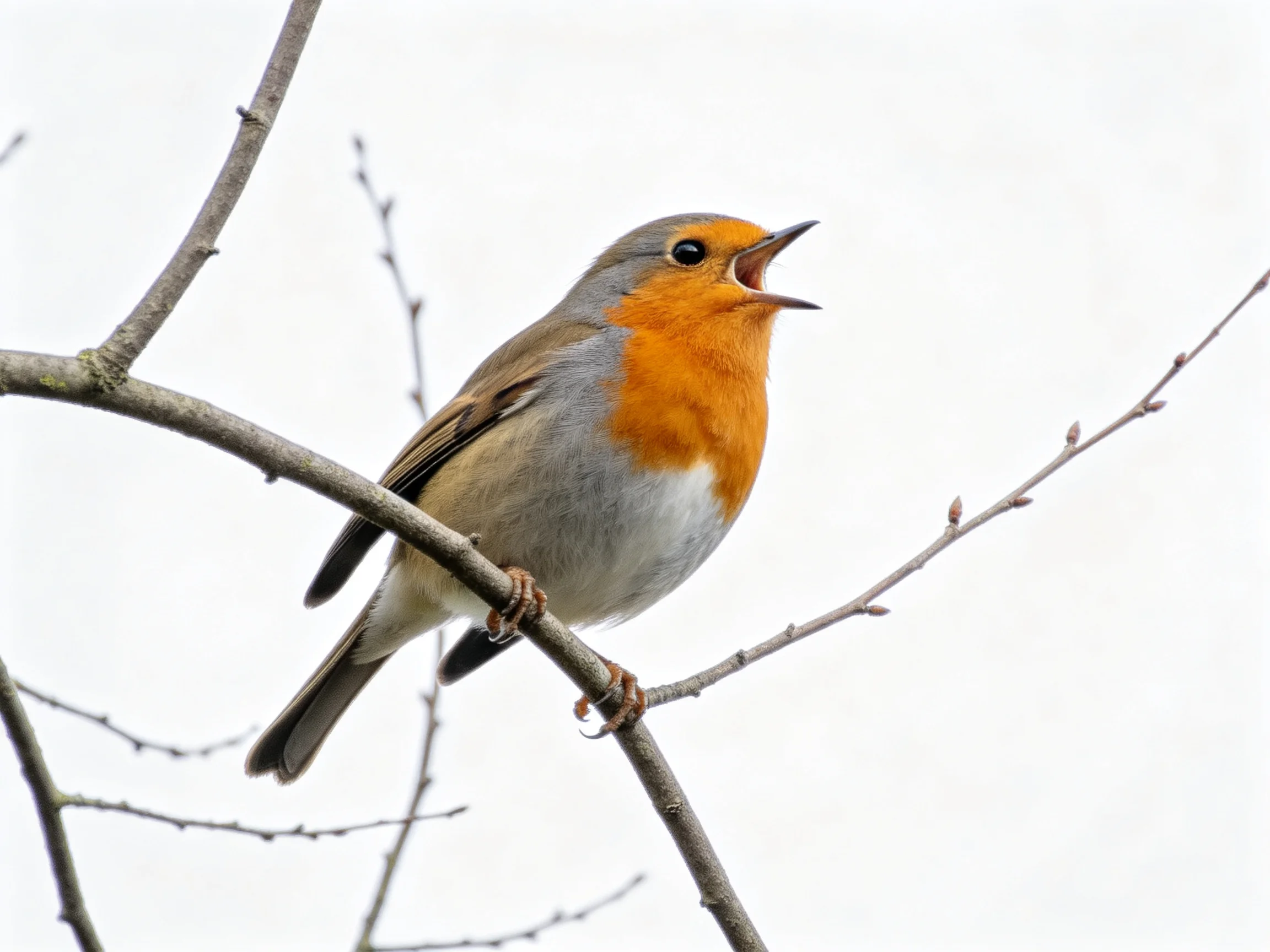 An orange-breasted bird sings while perched on a bare branch.