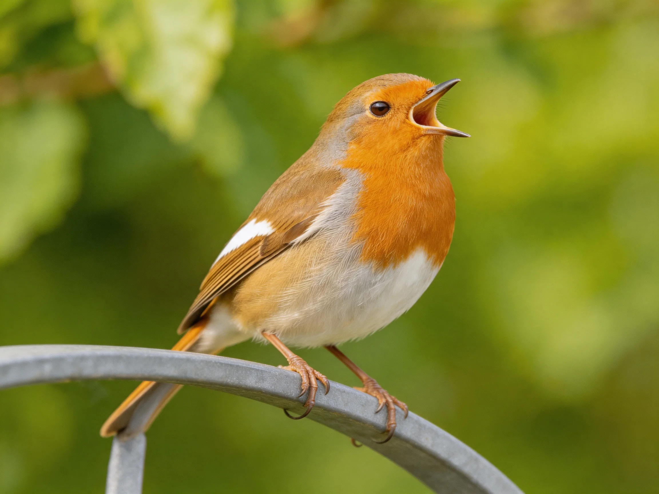 An orange-breasted bird sings from a metal perch
