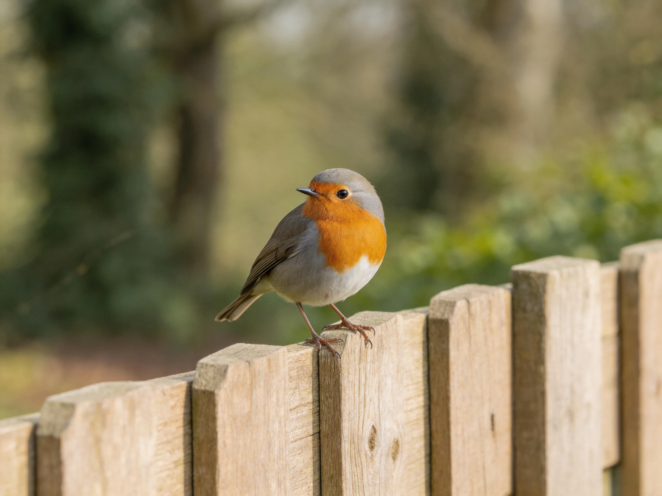 A bright orange-breasted robin perches on a light brown wooden fence