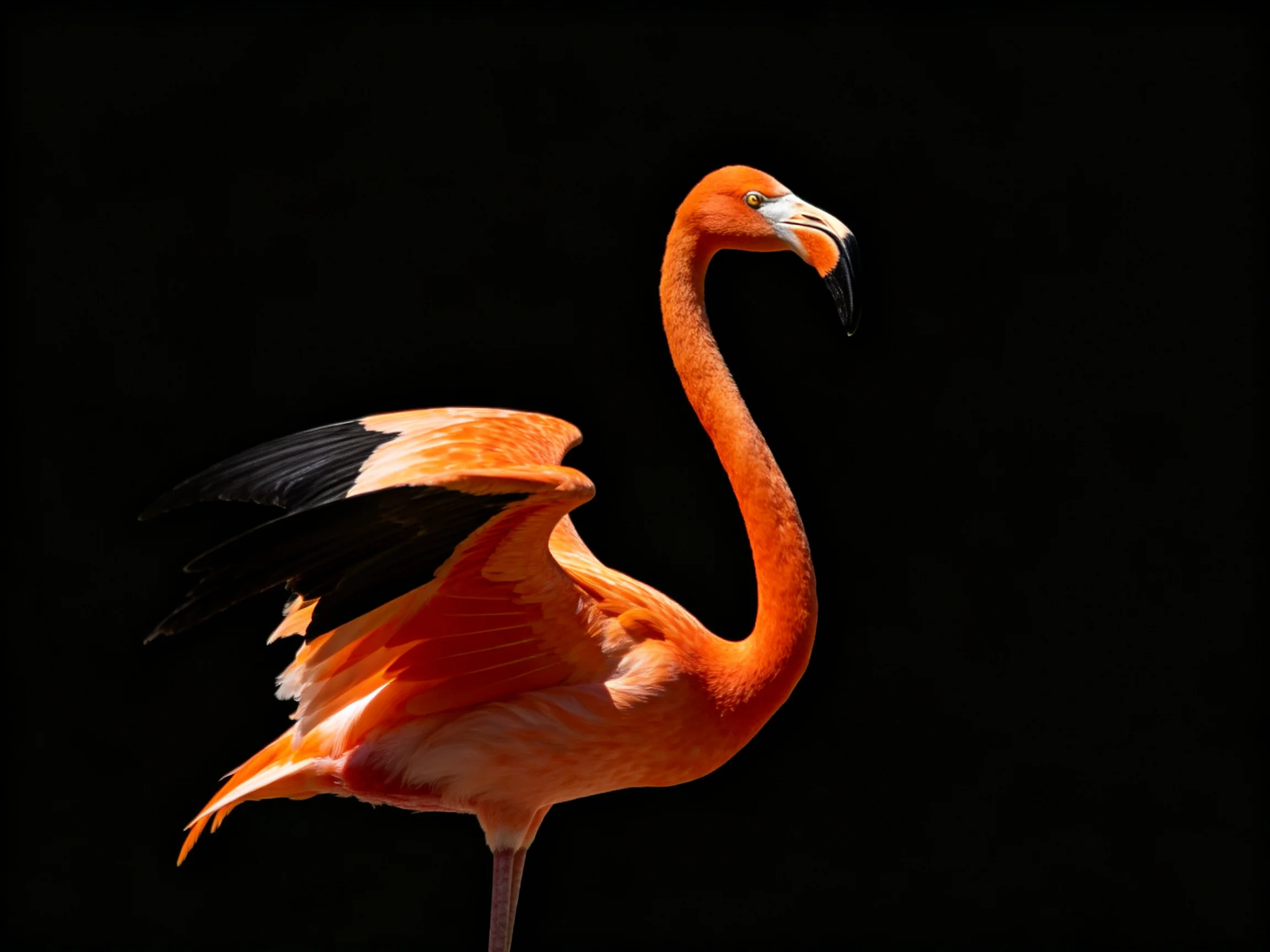 A bright orange flamingo with black wingtips posed against a dark backdrop