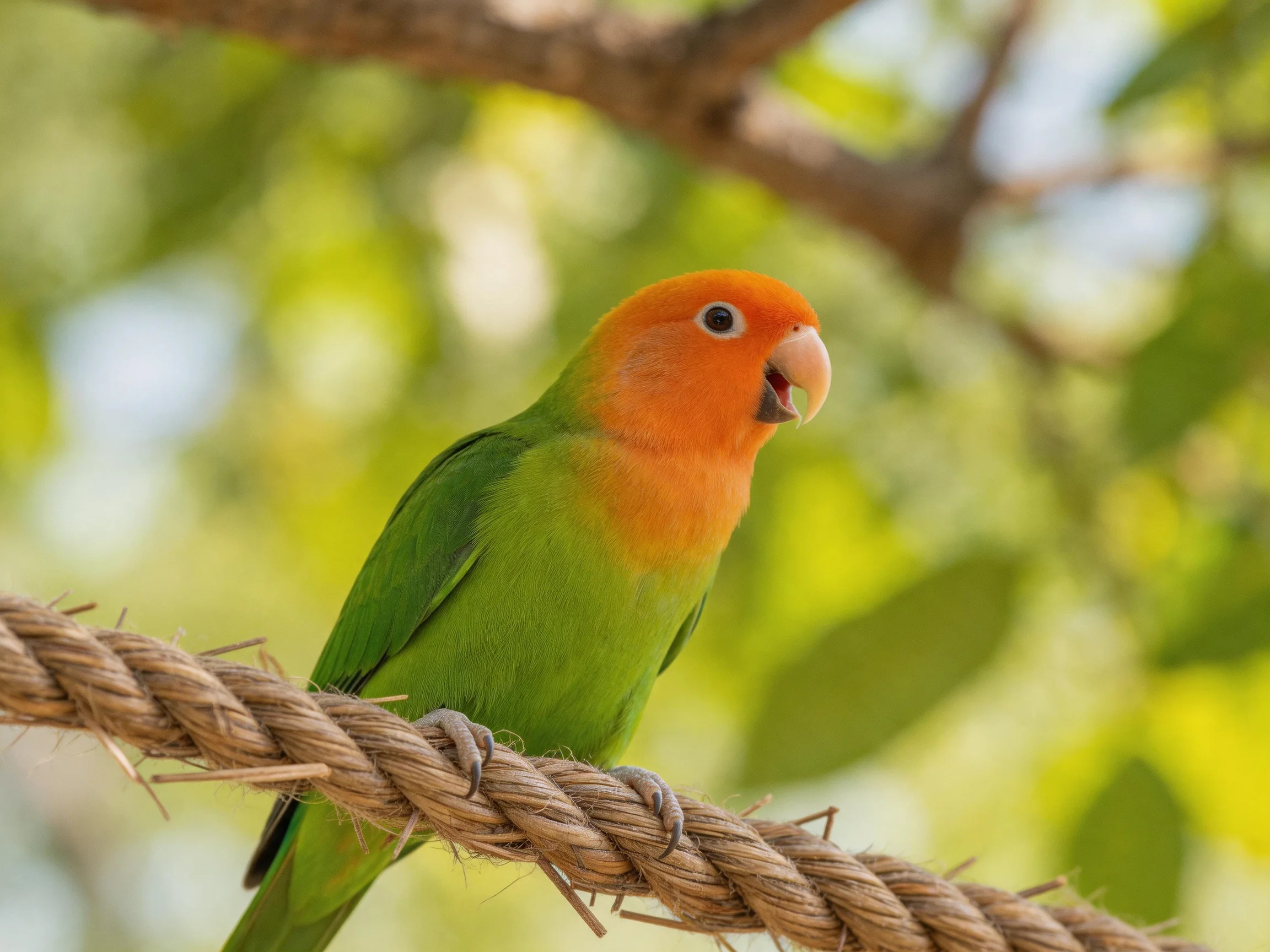 A bright orange-headed green parrot perched on a thick rope