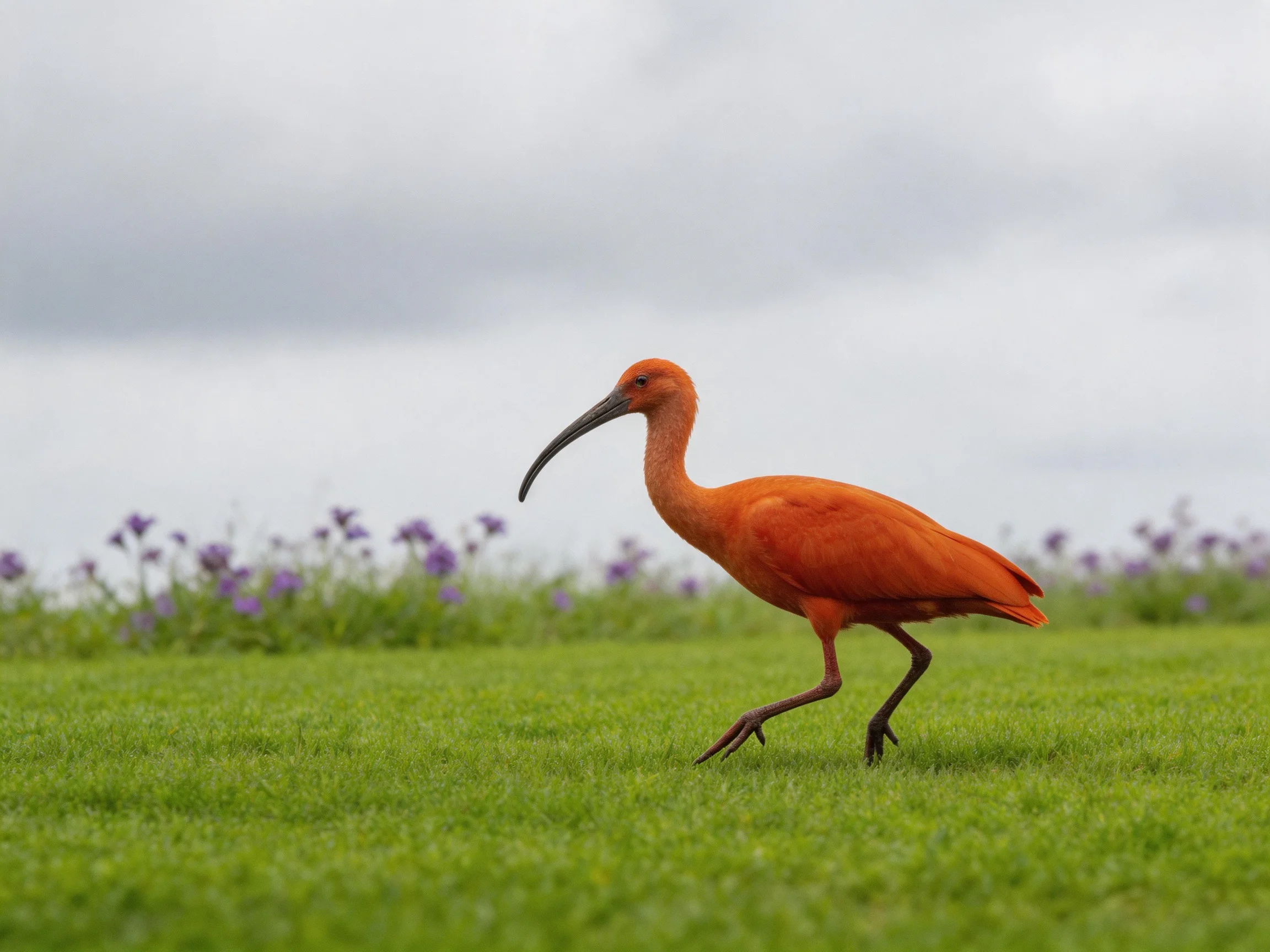 A bright orange ibis walks on lush green grass with purple wildflowers