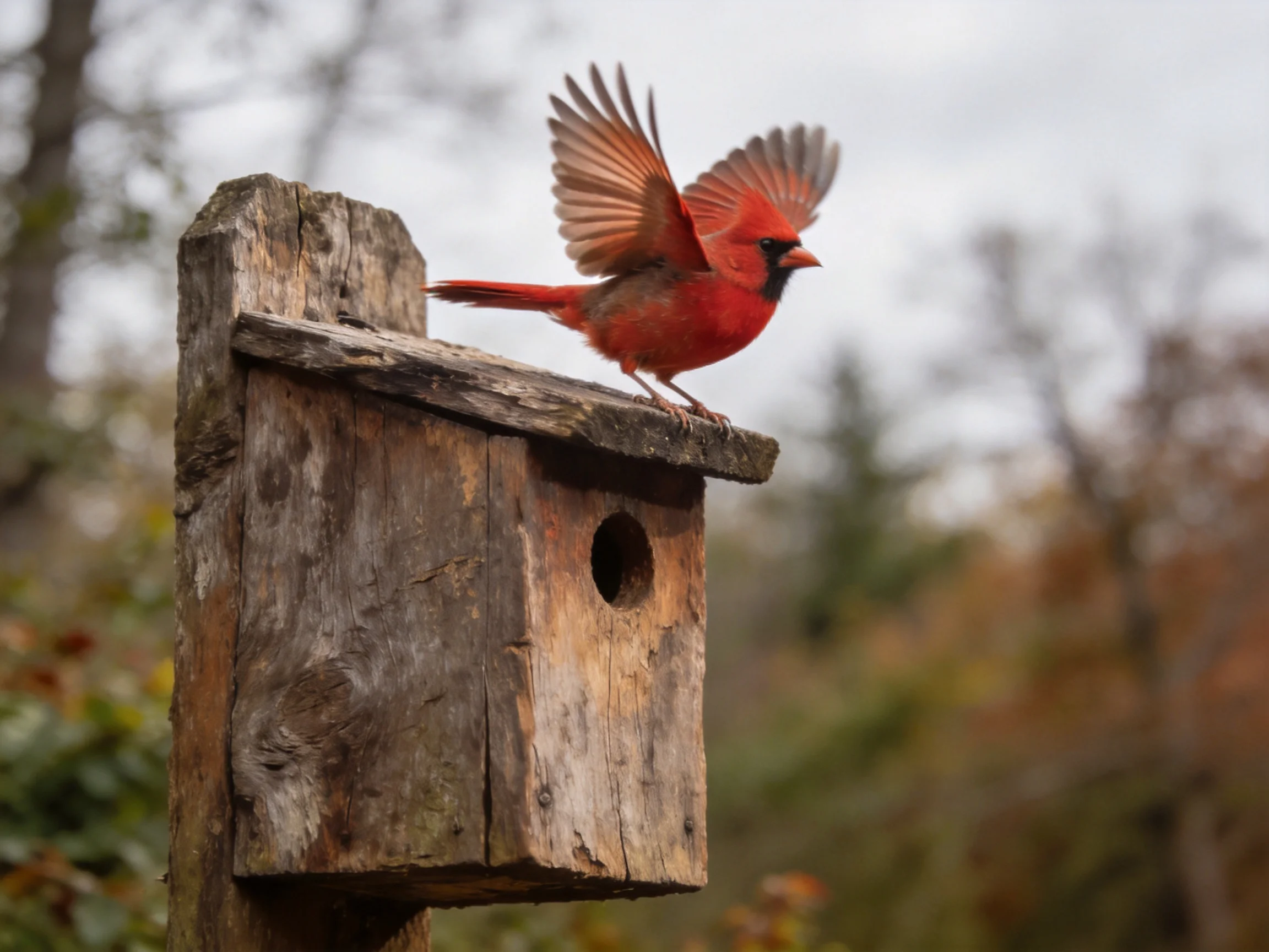 A bright red cardinal lands on a weathered wooden birdhouse