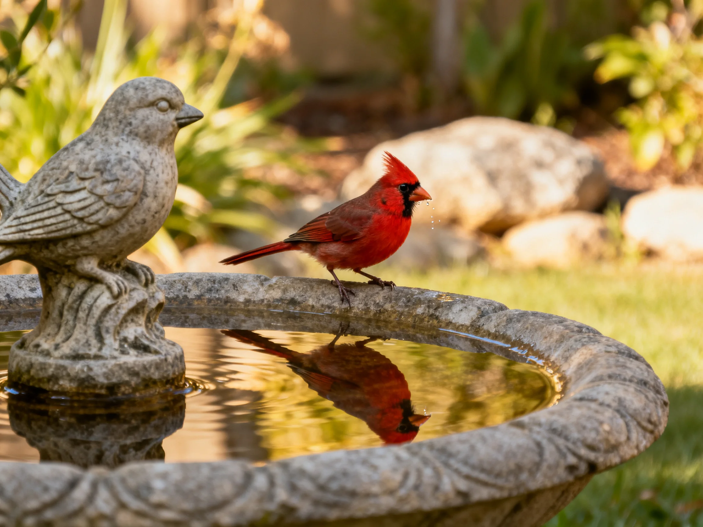 A bright red cardinal perches beside a stone bird statue at a garden water fountain
