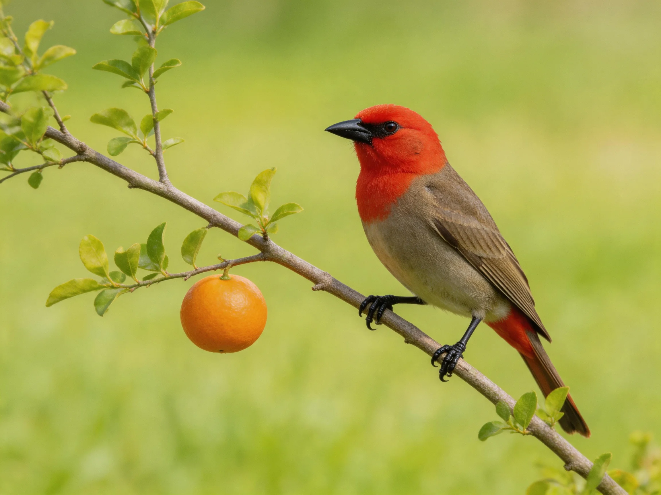 A bright red-headed bird perches next to an orange fruit on a leafy branch