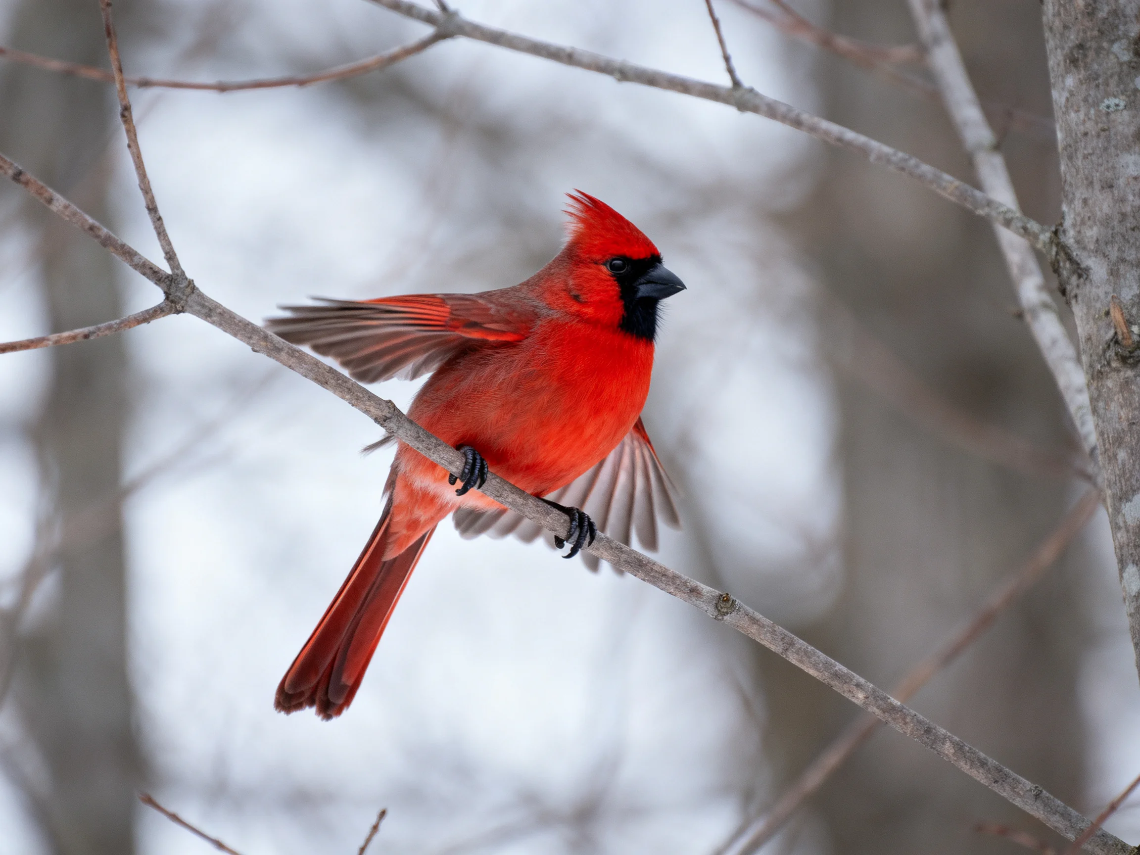 A bright red male northern cardinal perched on a bare tree branch