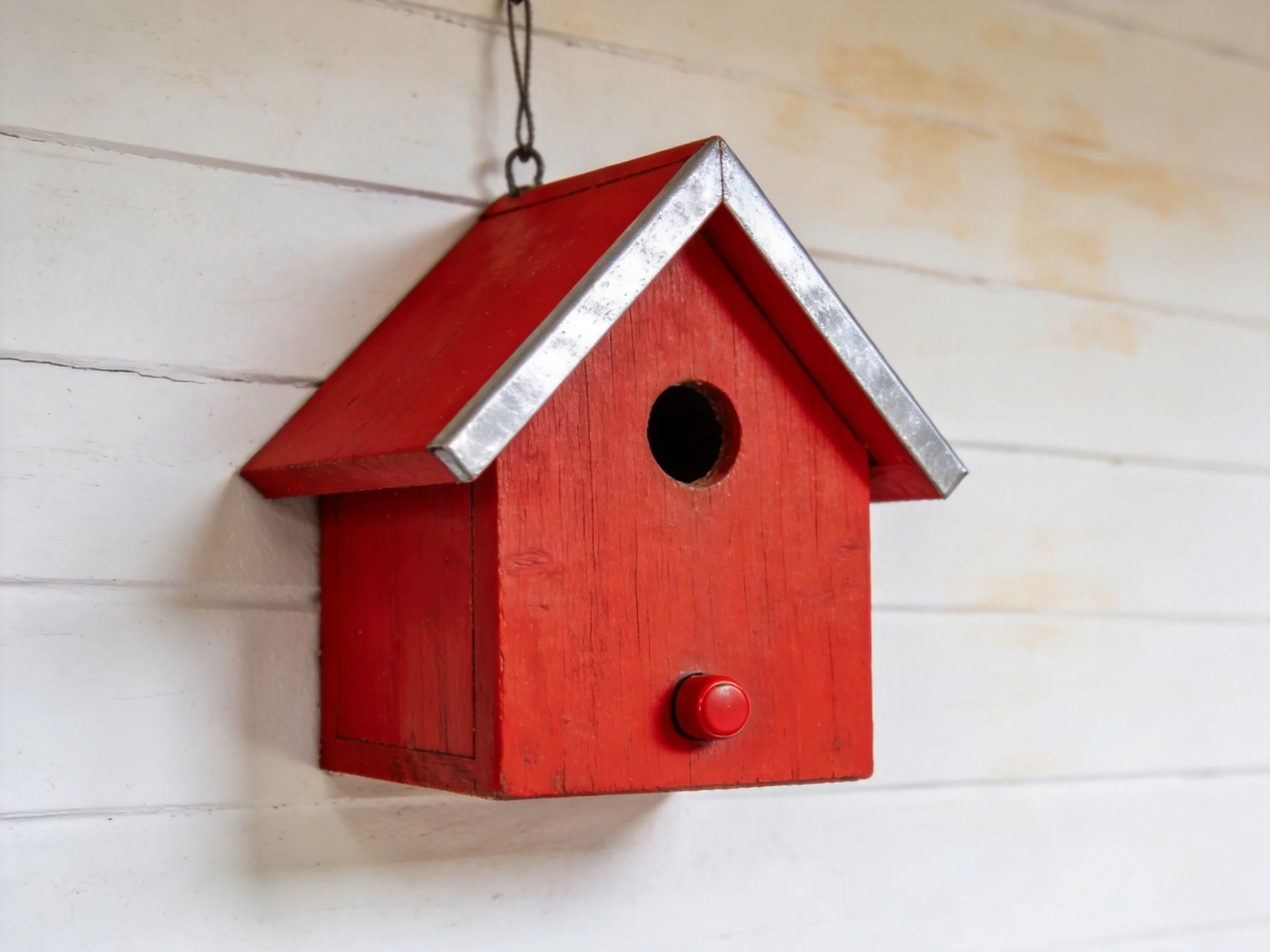 A bright red wooden birdhouse with silver roof trim hangs from a chain