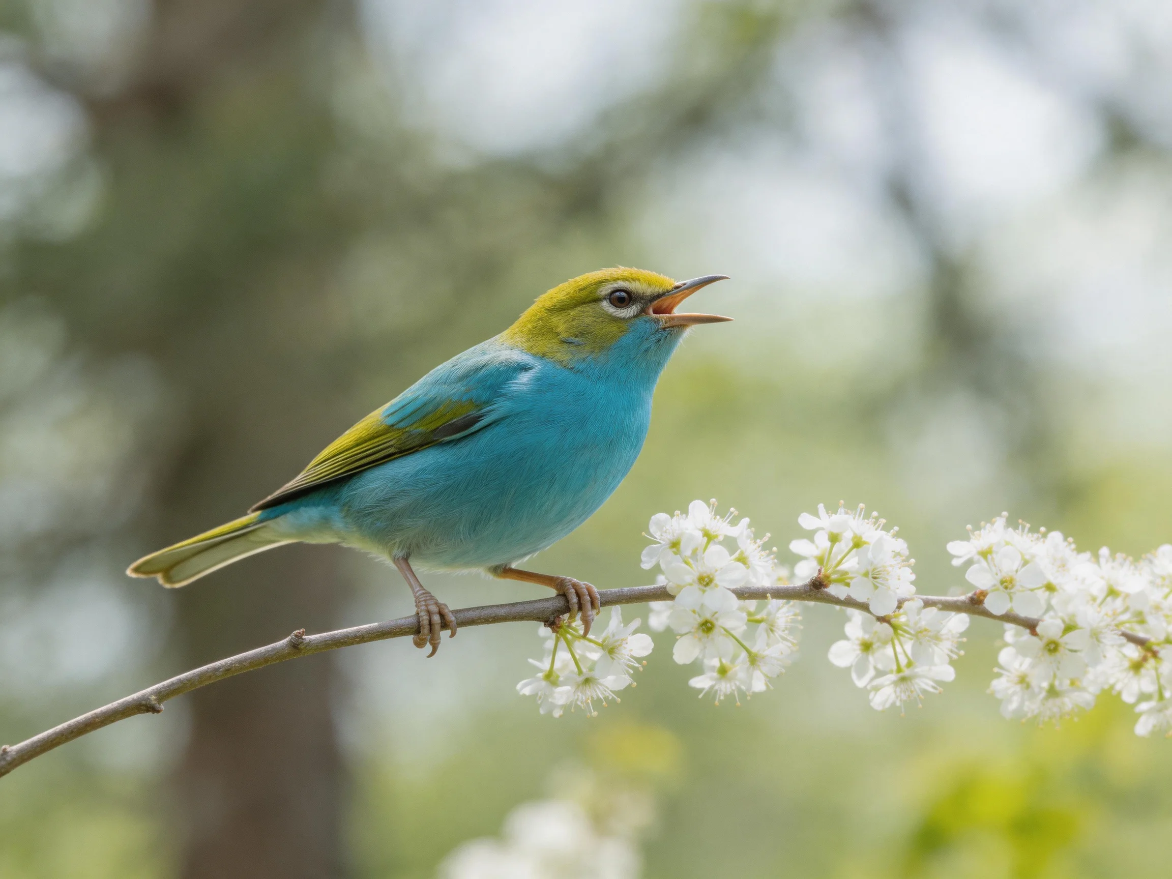 A bright turquoise bird with yellow head perches on white blossoms