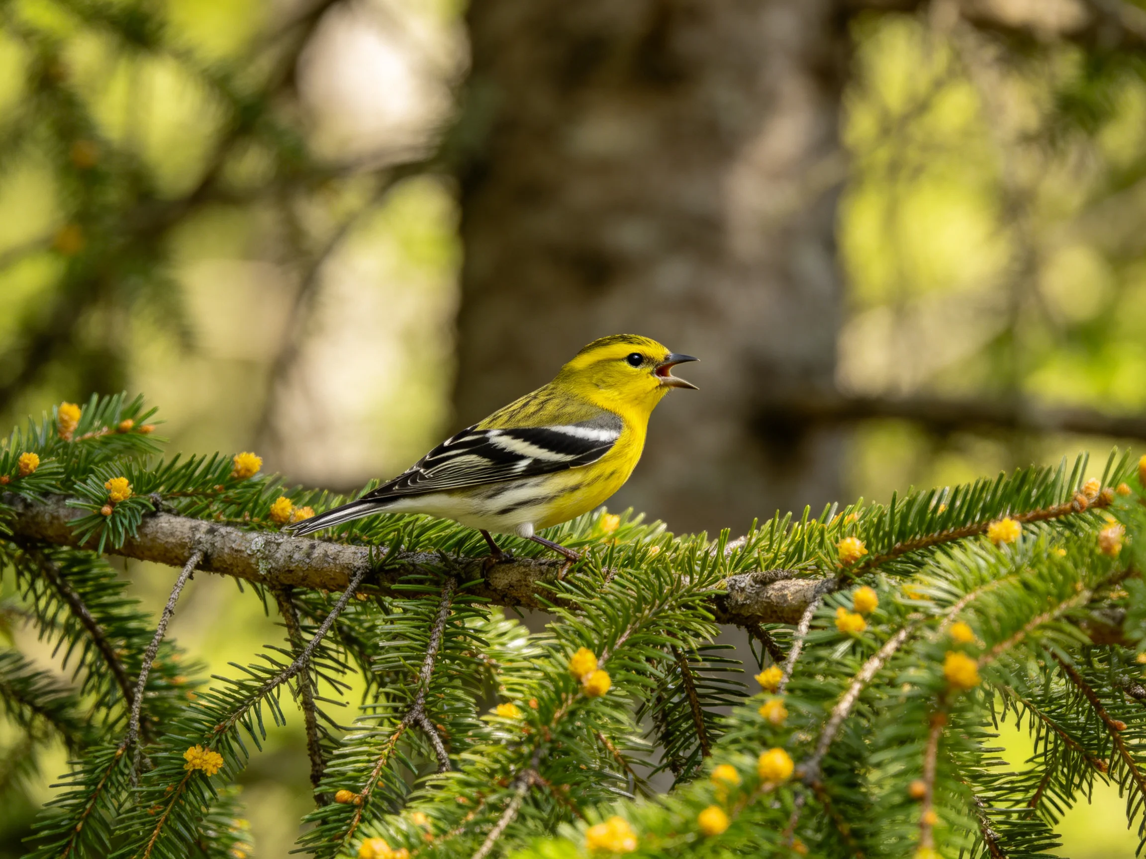 A bright yellow and black songbird perched on a pine branch with green foliage
