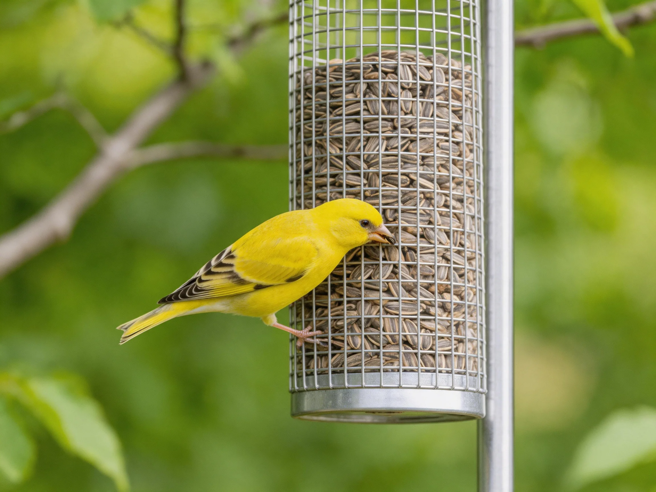 A bright yellow bird feeding from a wire mesh seed feeder