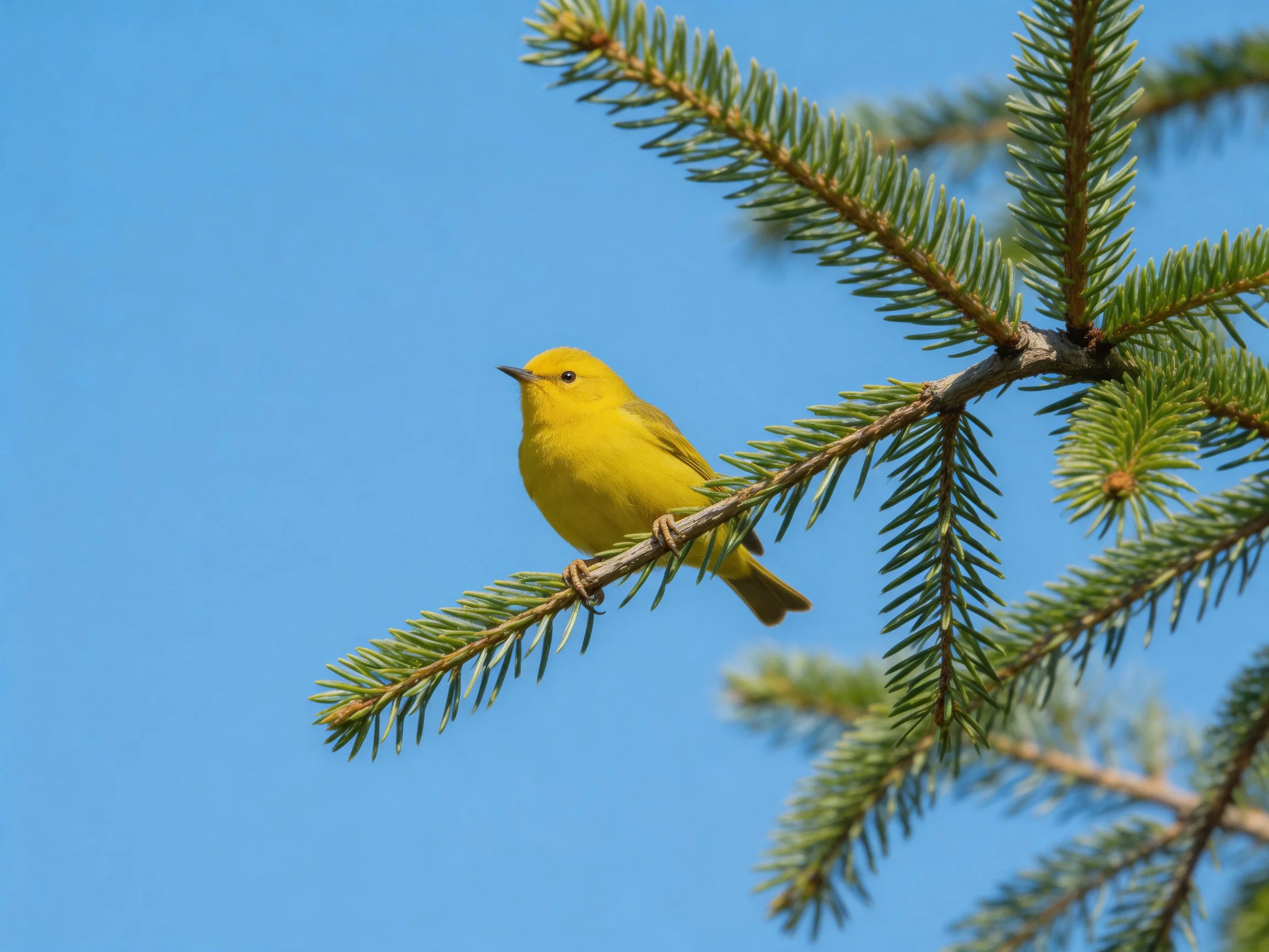 A bright yellow bird perched on a green pine branch