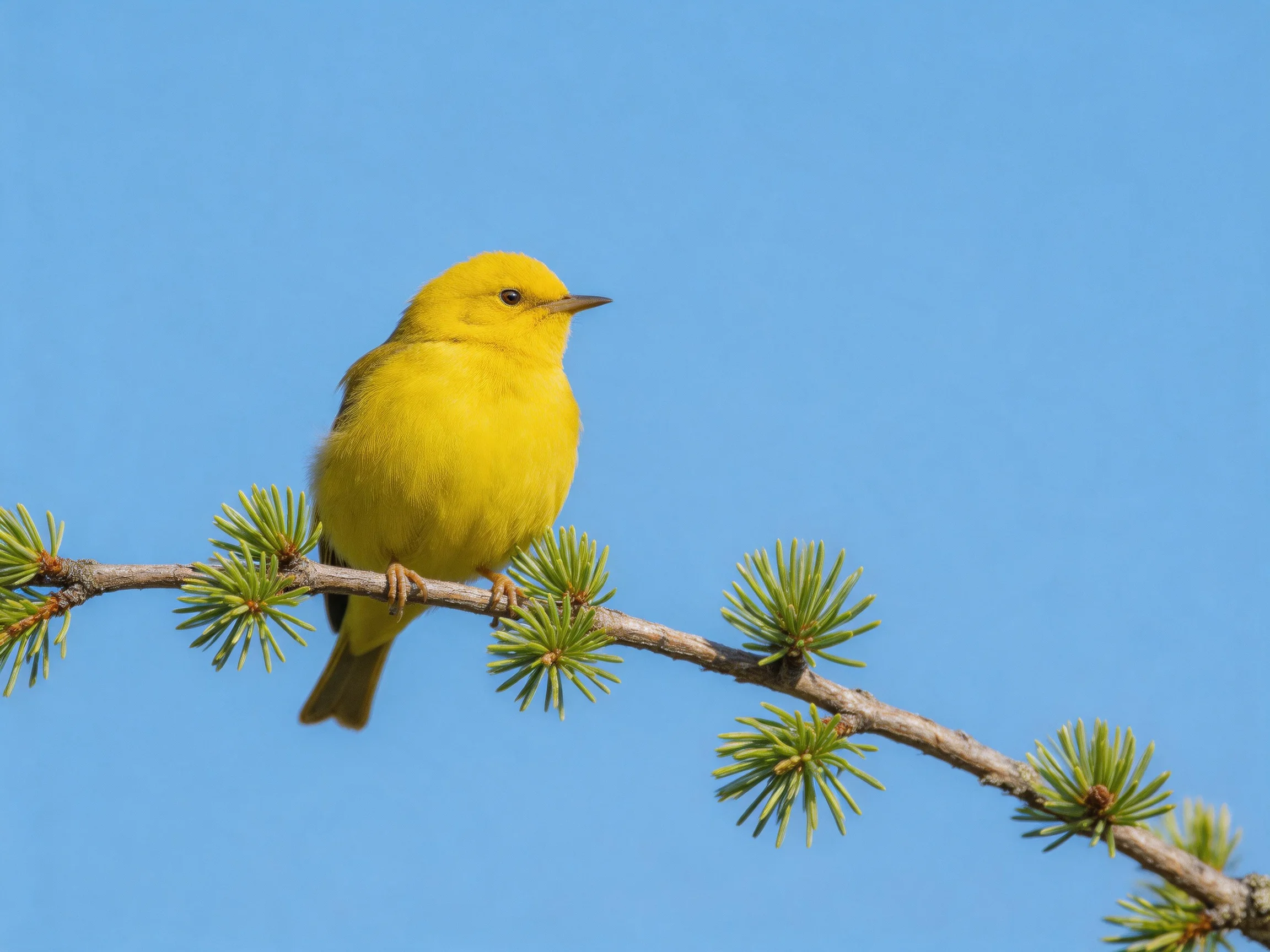 A bright yellow bird perched on a pine branch with green foliage