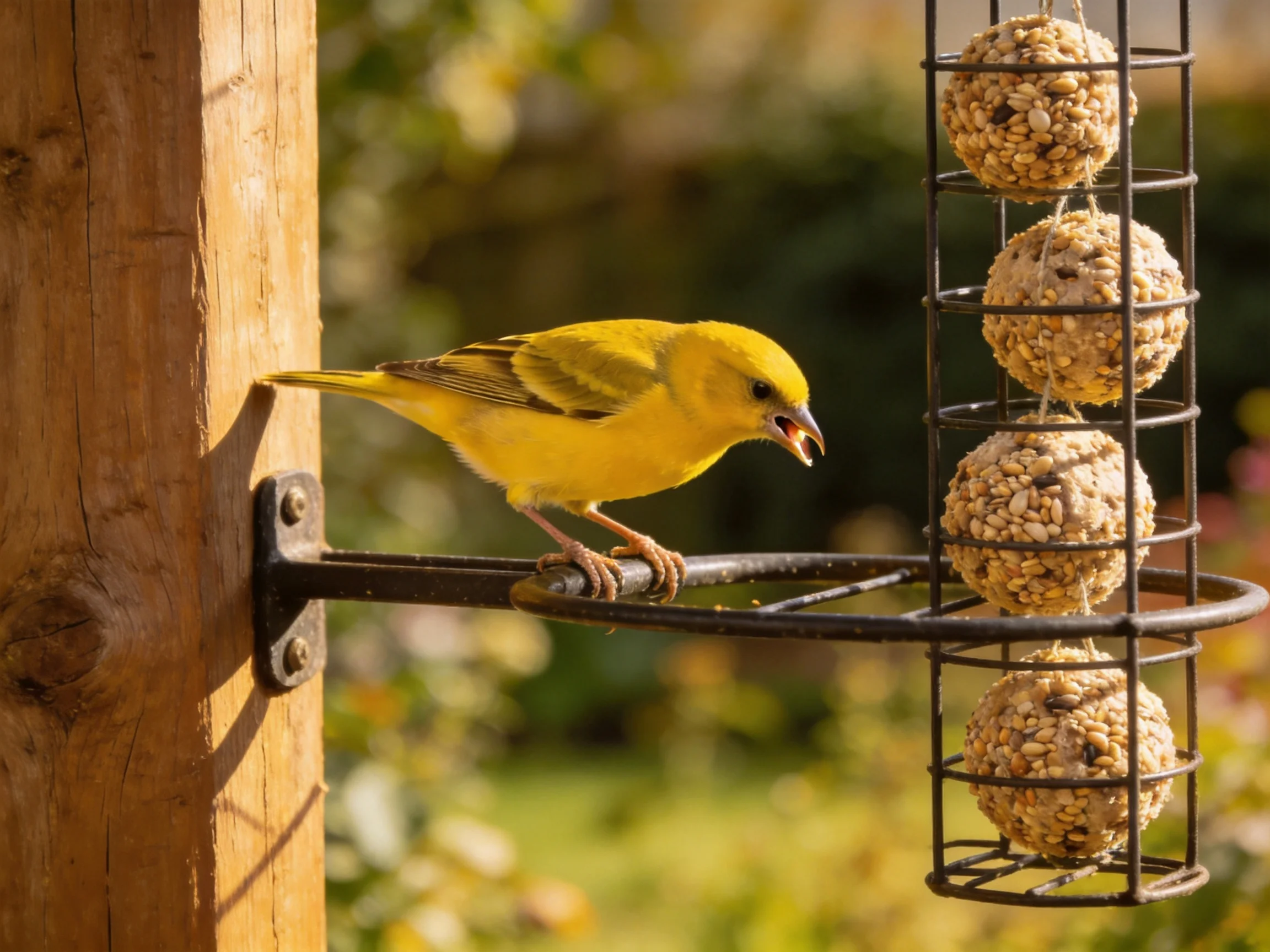 A bright yellow bird perched on a wire cage feeder with four seed balls